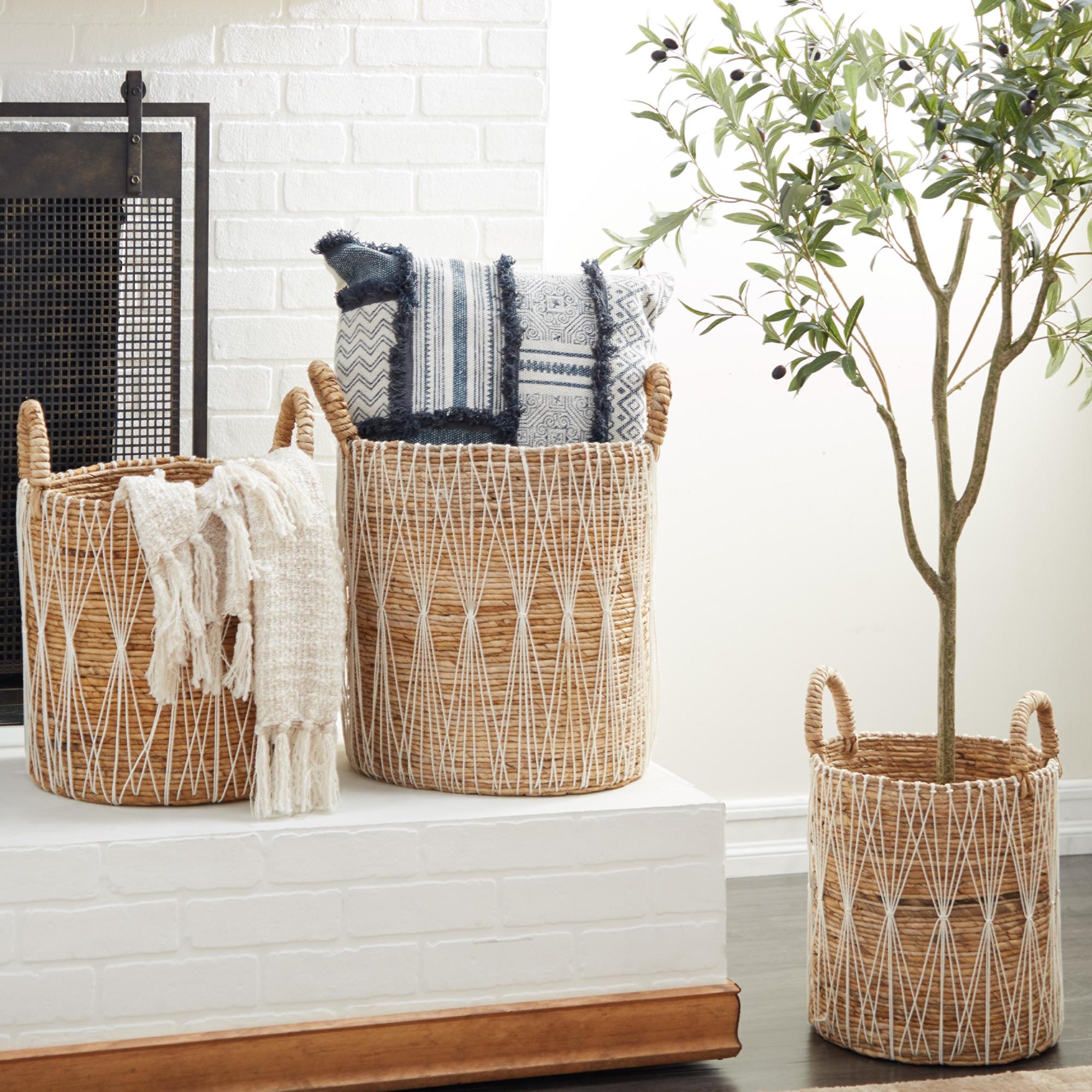 Set of 3 Banana Leaf Handmade String Detail Decorative and Functional Storage Basket with Handles Set of 3 20", 19", 17"H