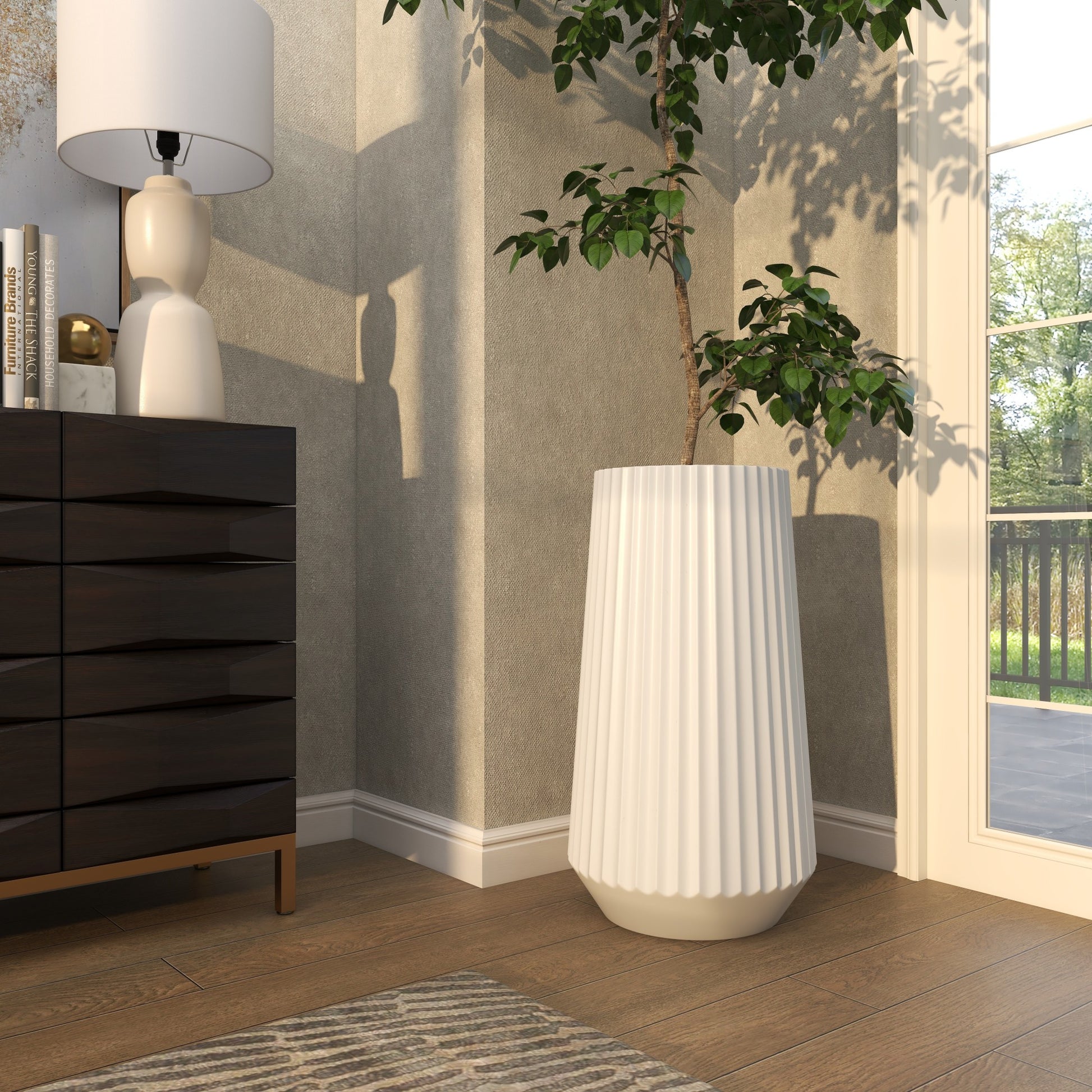White Resin Large Ribbed Floor Decorative Vase
