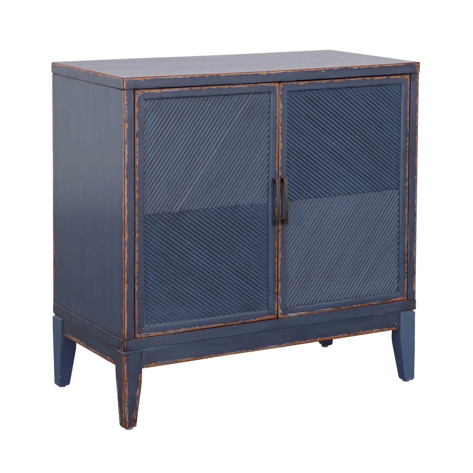 Geometric Blue Wooden Ribbed Square Patterned 2 Door Room Cabinet with Brown Distressing
