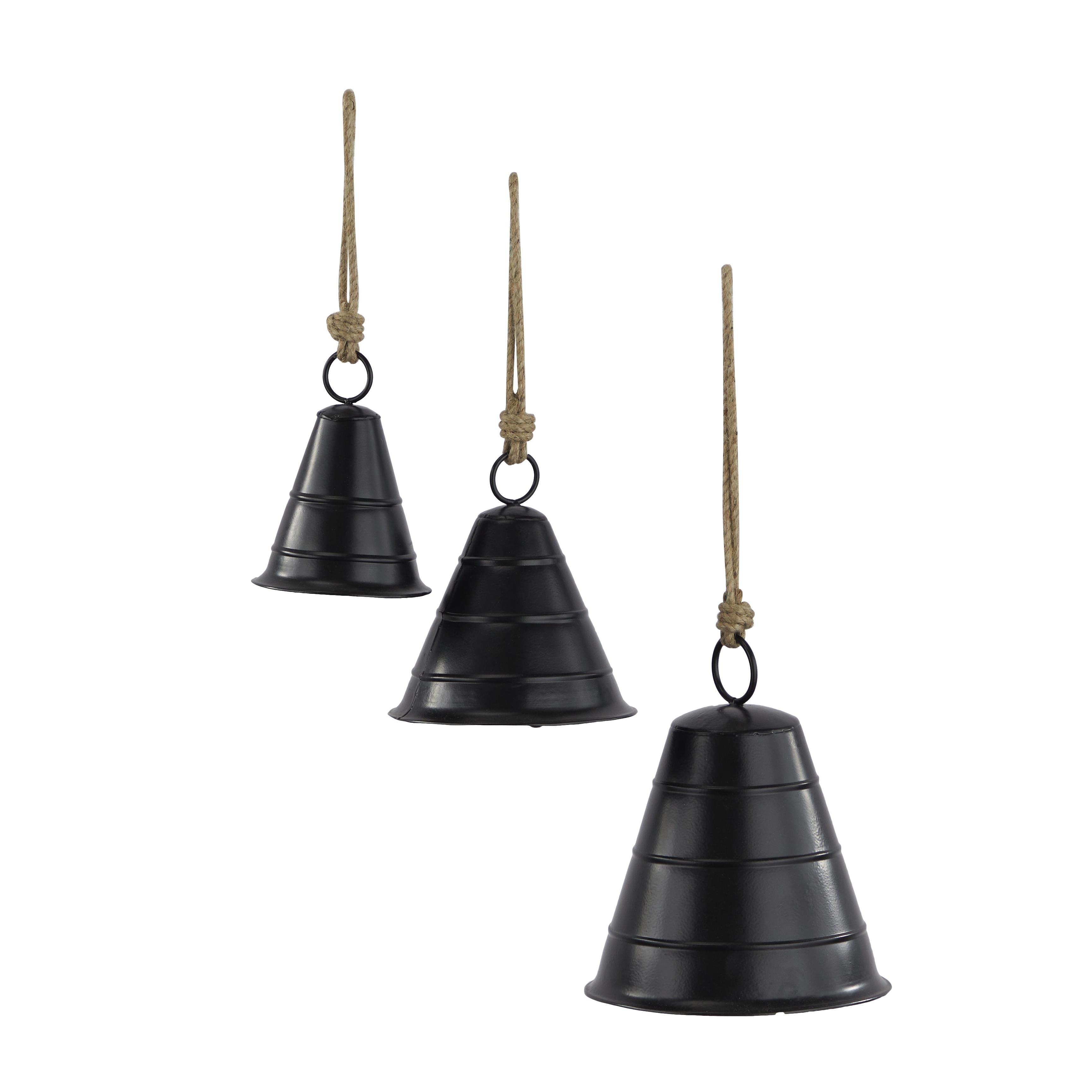 Set of 3 Metal Tibetan Inspired Indoor Outdoor Decorative Cow Bells with Jute Hanging Rope
