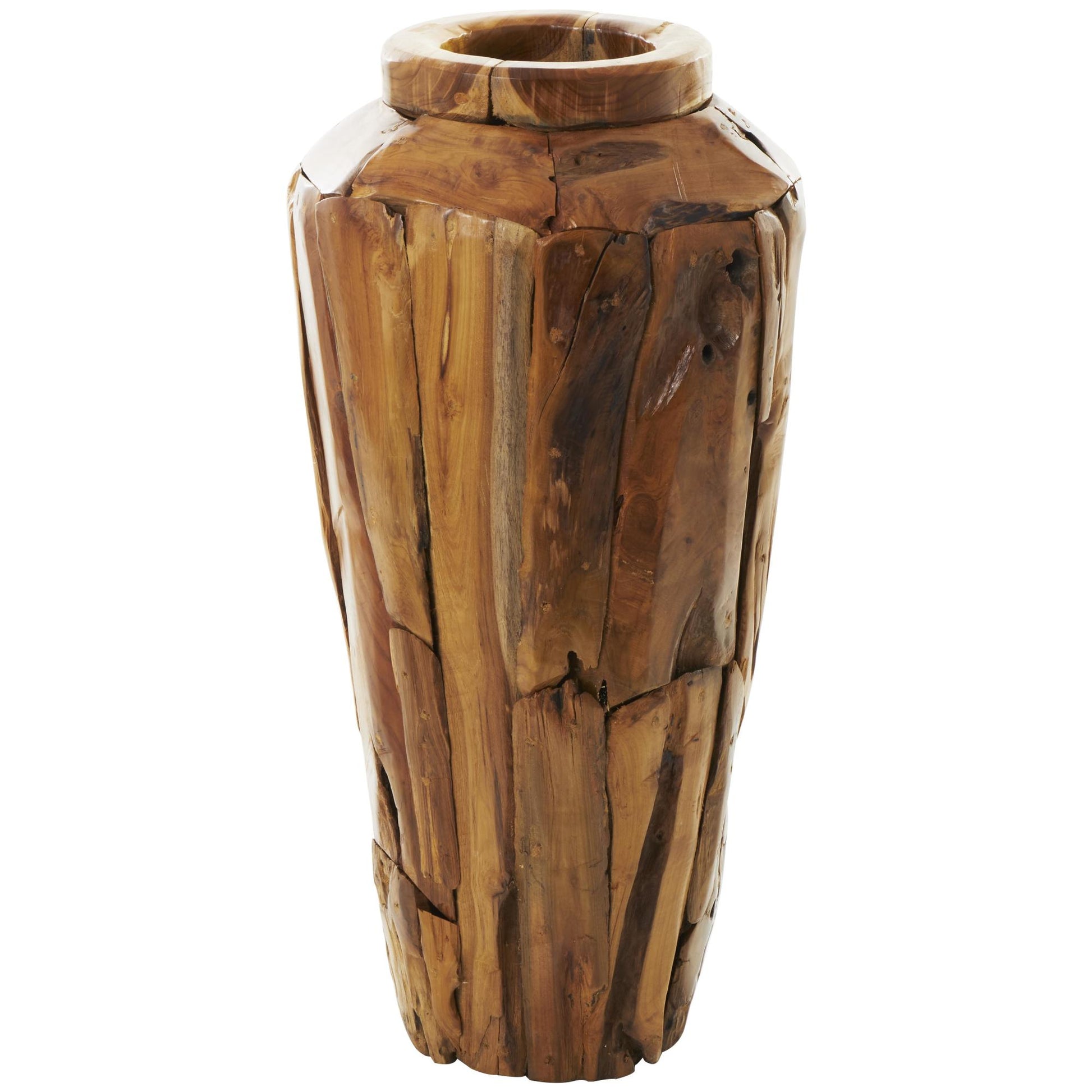 Brown Teak Wood Handmade Tall Floor Decorative Vase with Mosaic Live Edge Pieces