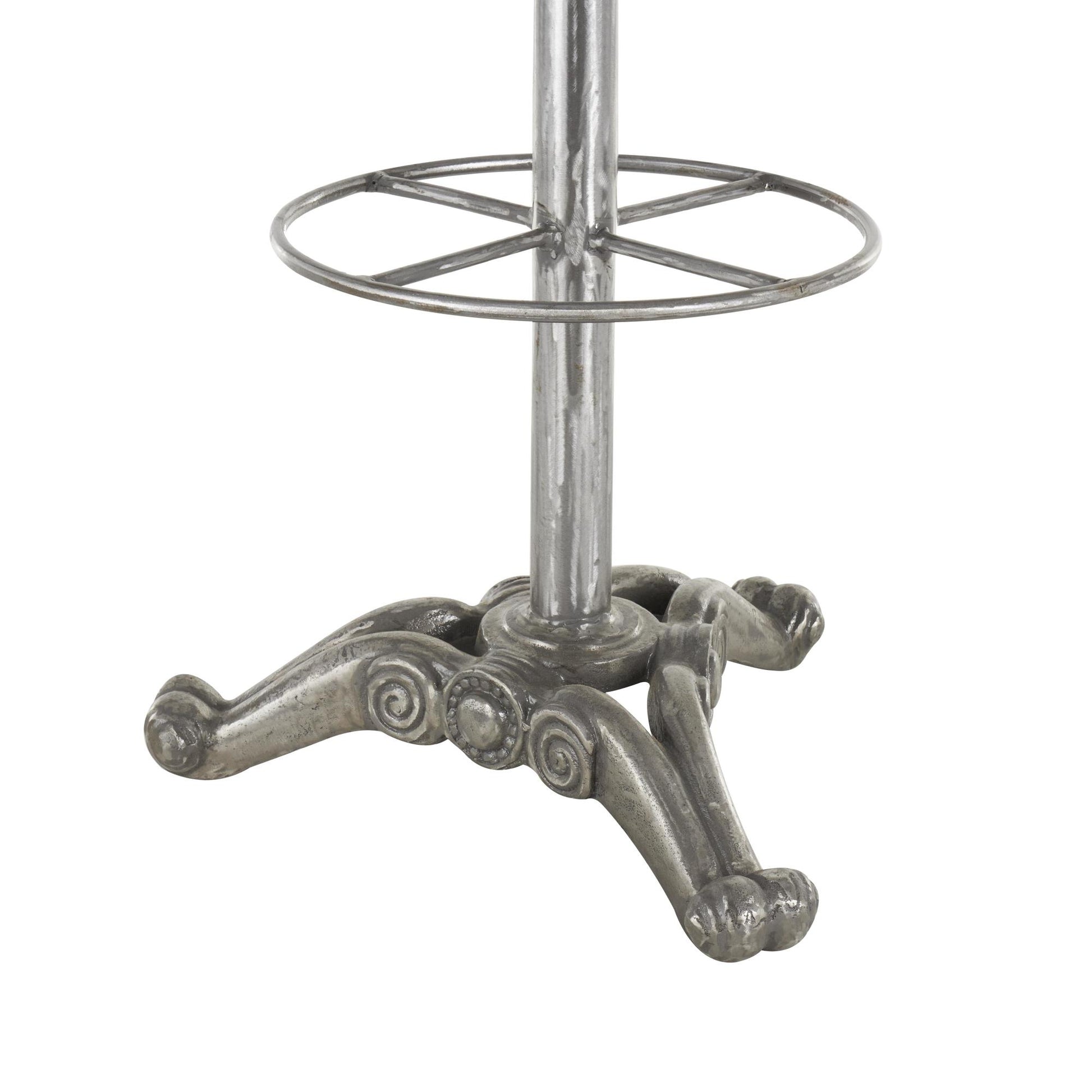 Scroll Gray Metal Weathered Antique Cast Iron Kitchen Bar Stool with Cutout Textured Seat and Footrest