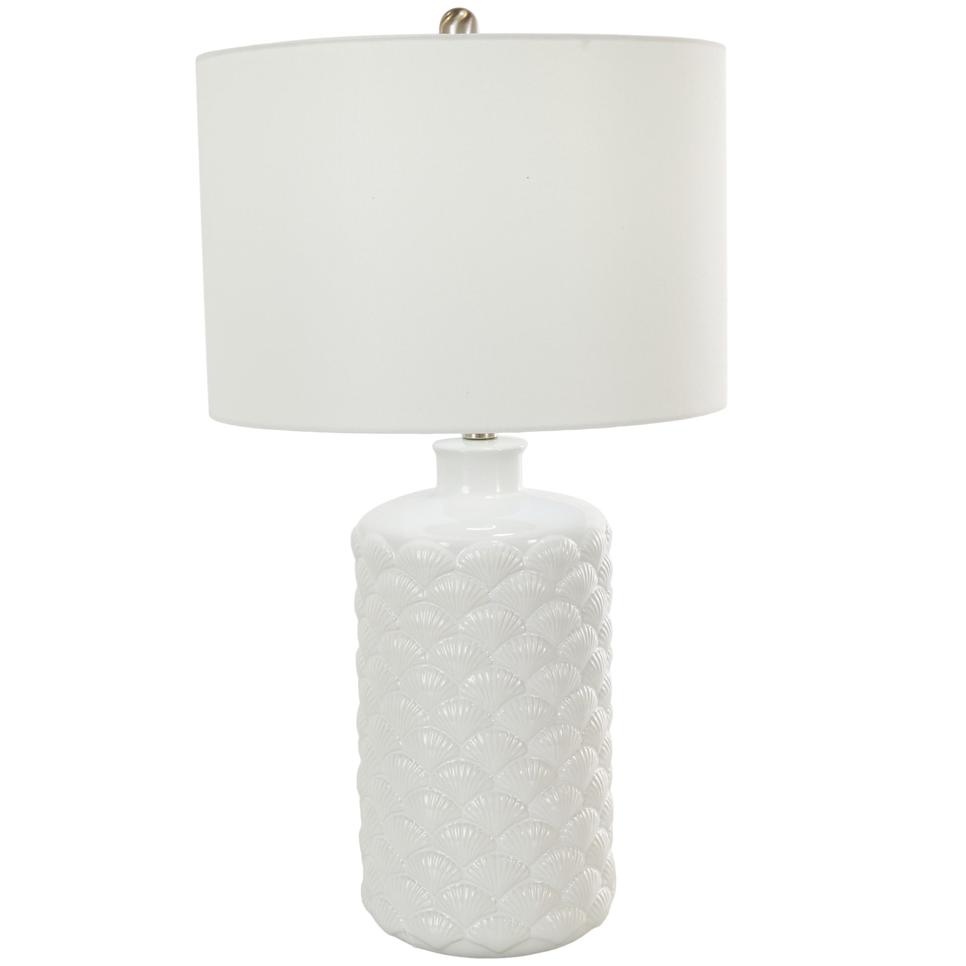 Shell White Ceramic Embedded Room Table Lamp with Drum Linen Shade