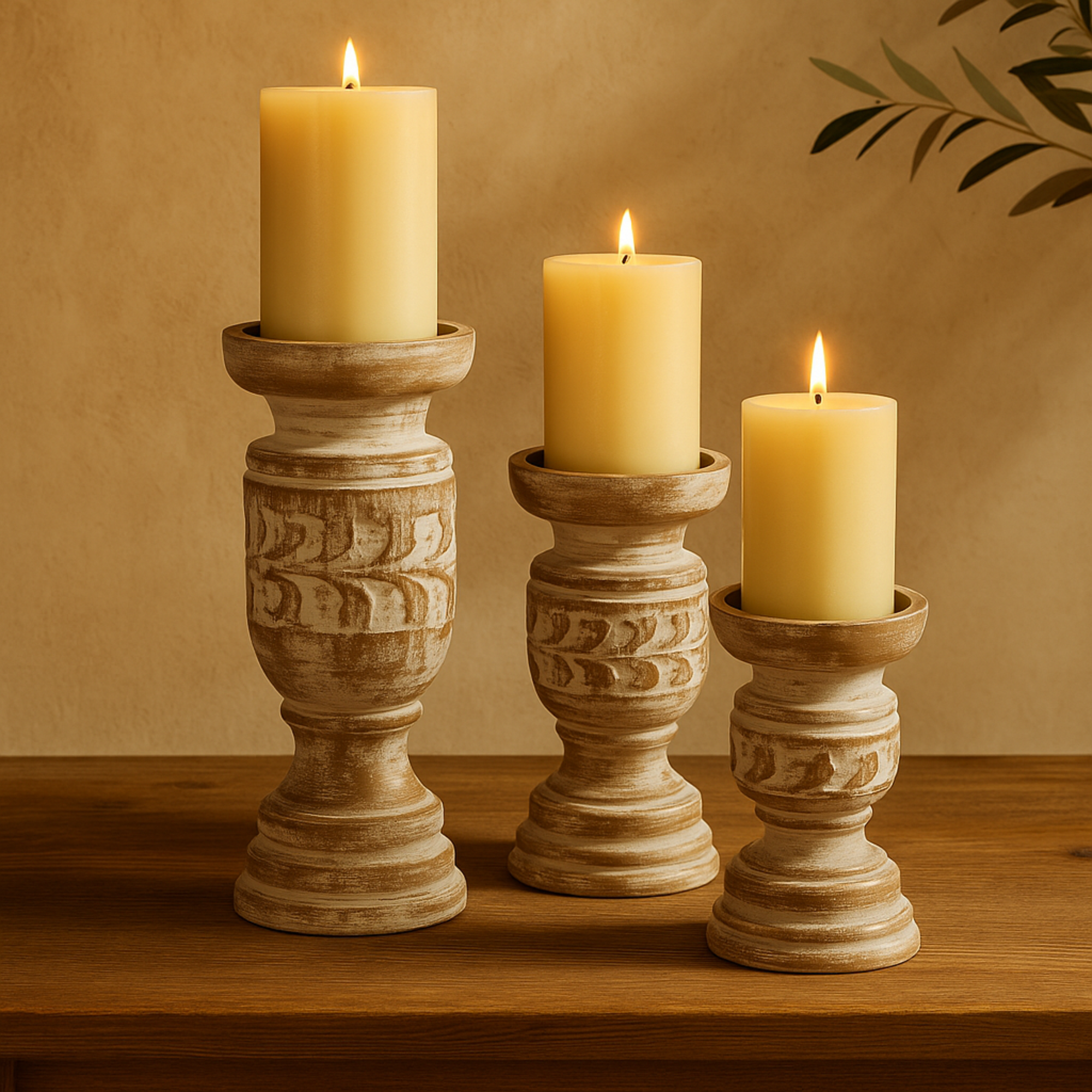 Set of 3 Floral Brown Mango Wood Handmade Whitewashed Turned Decorative Candle Holder