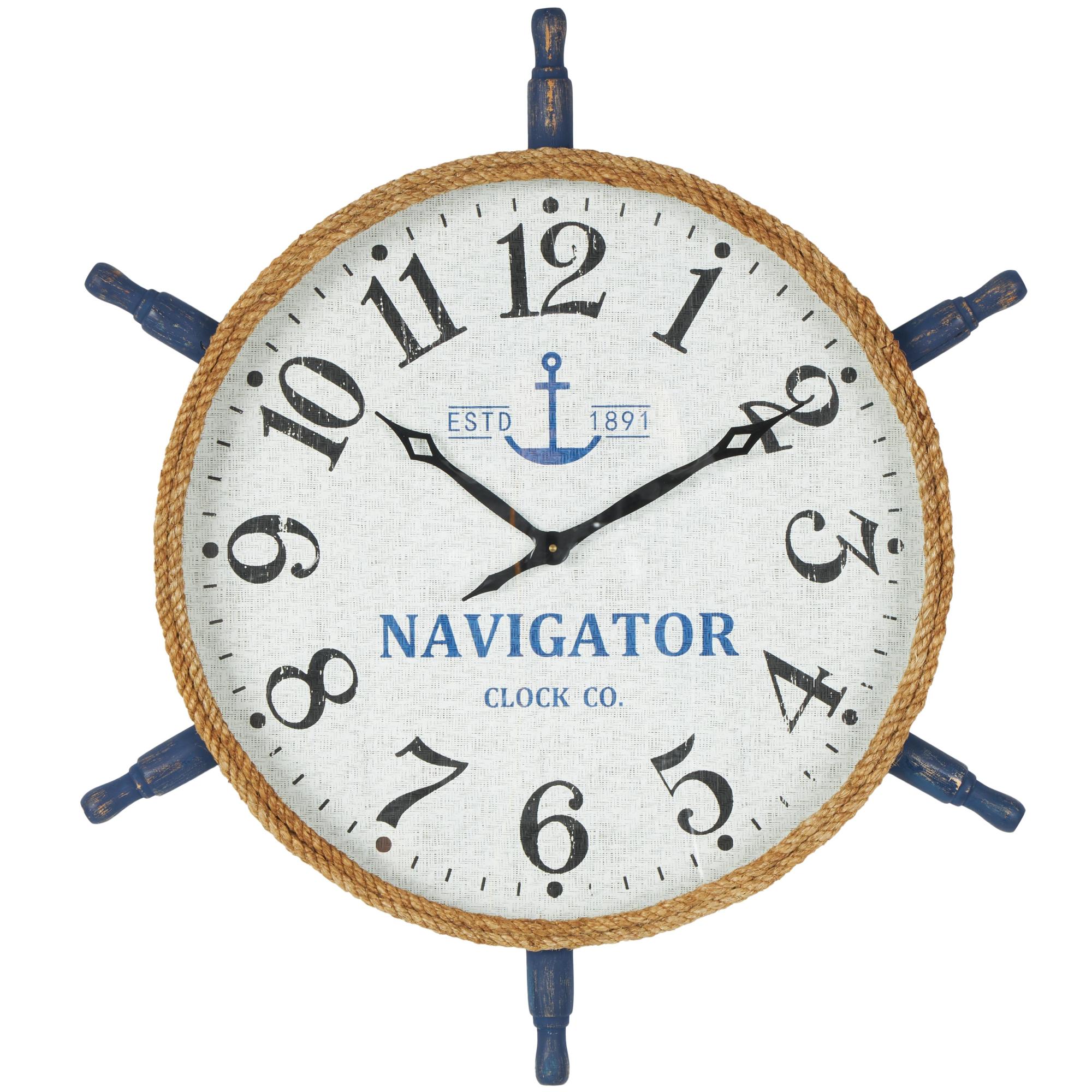 Ship Wheel White Wood Decorative Wall Clock with Brown Rope Frame and Blue Spokes