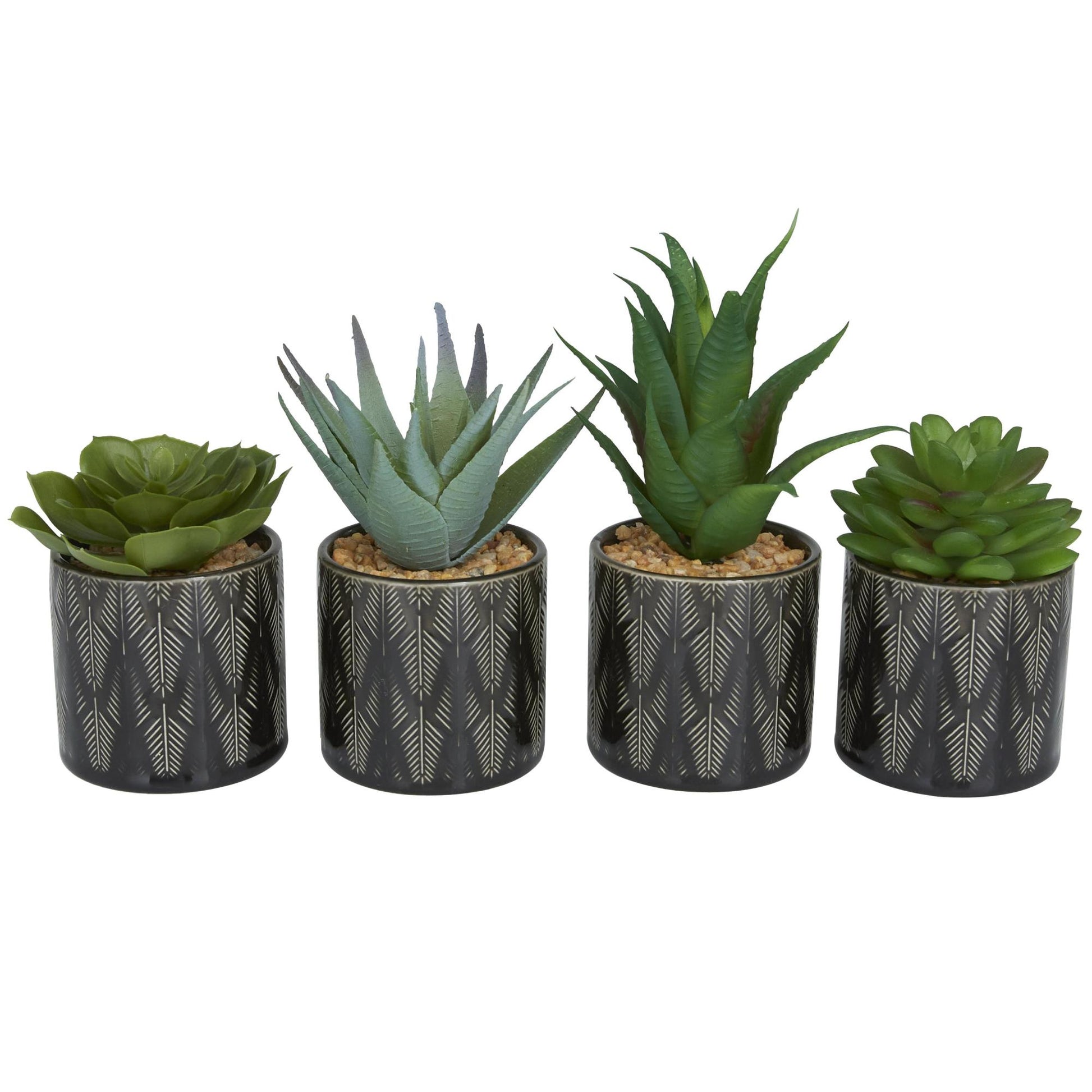 Set of 4 Succulent Green Faux Foliage Indoor Outdoor Artificial Plant with Realistic Leaves and Patterned Pot