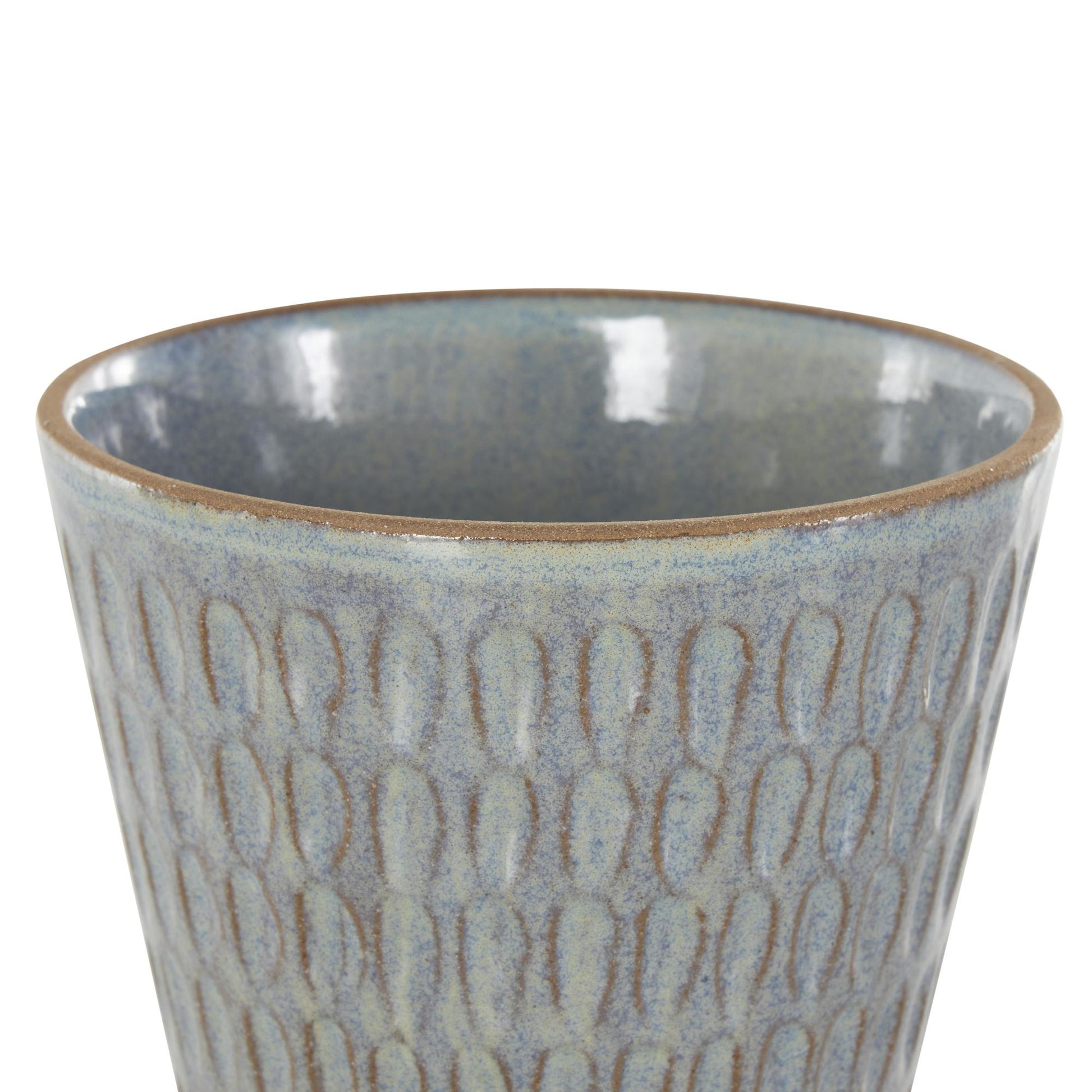 Set of 3 Geometric Blue Ceramic Oval Patterned Indoor Outdoor Planter with Brown Accents and Base Tray