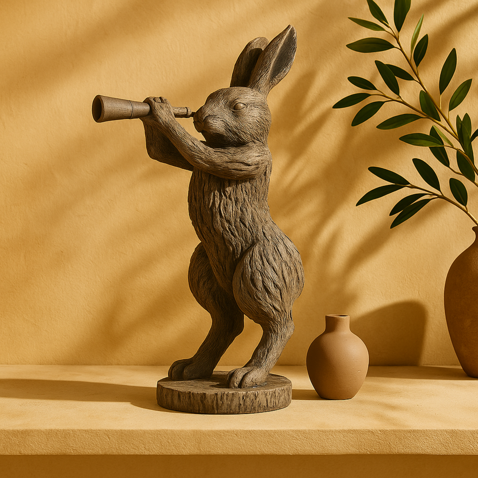 Rabbit Gray Polystone Textured Decorative Sculpture with Telescope