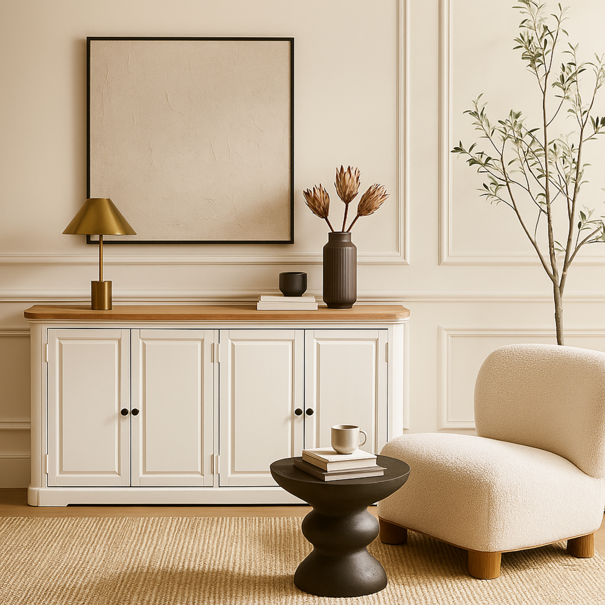 White Wood 4 Door Media Credenza Sideboard with Brown Wood Top and Black Round Knobs
