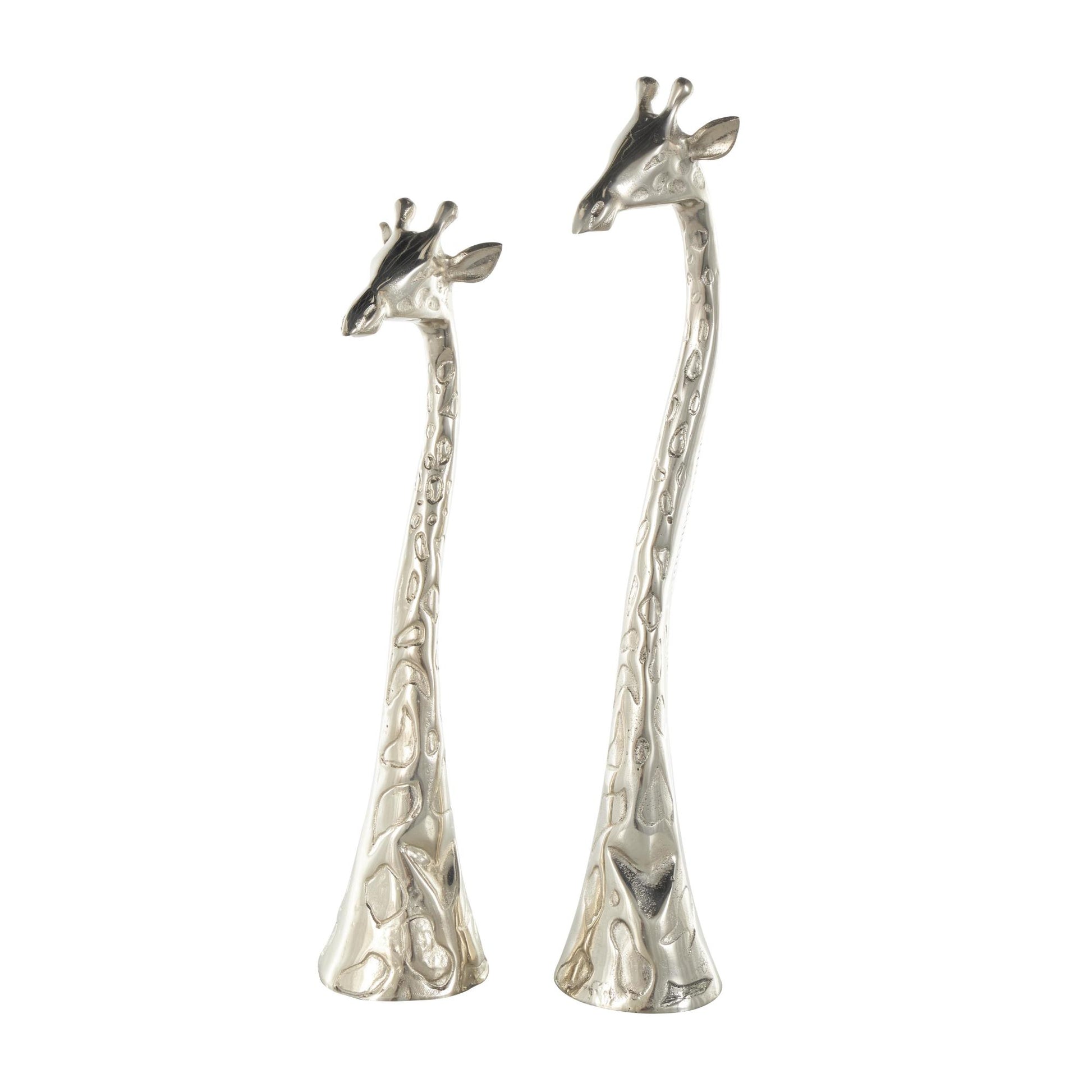 Set of 2 Giraffe Silver Aluminum Metal Tall Decorative Sculpture with Spotted Texturing