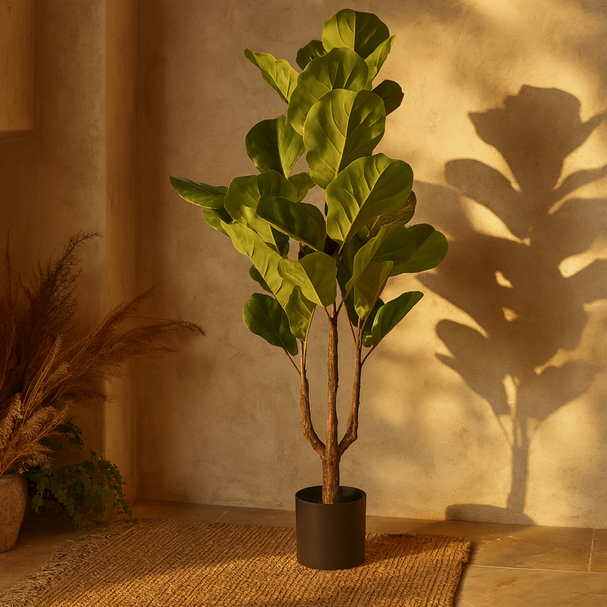 Fiddle Leaf Green Faux Foliage Indoor Outdoor Artificial Tree with Black Pot