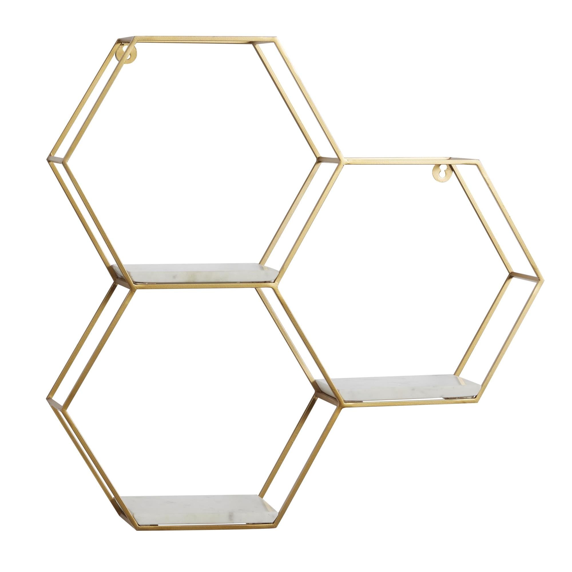 Geometric Metal Hexagon 3 Marble Shelves Room Wall Shelf with 3 Marble Shelves 26" x 5" x 24"