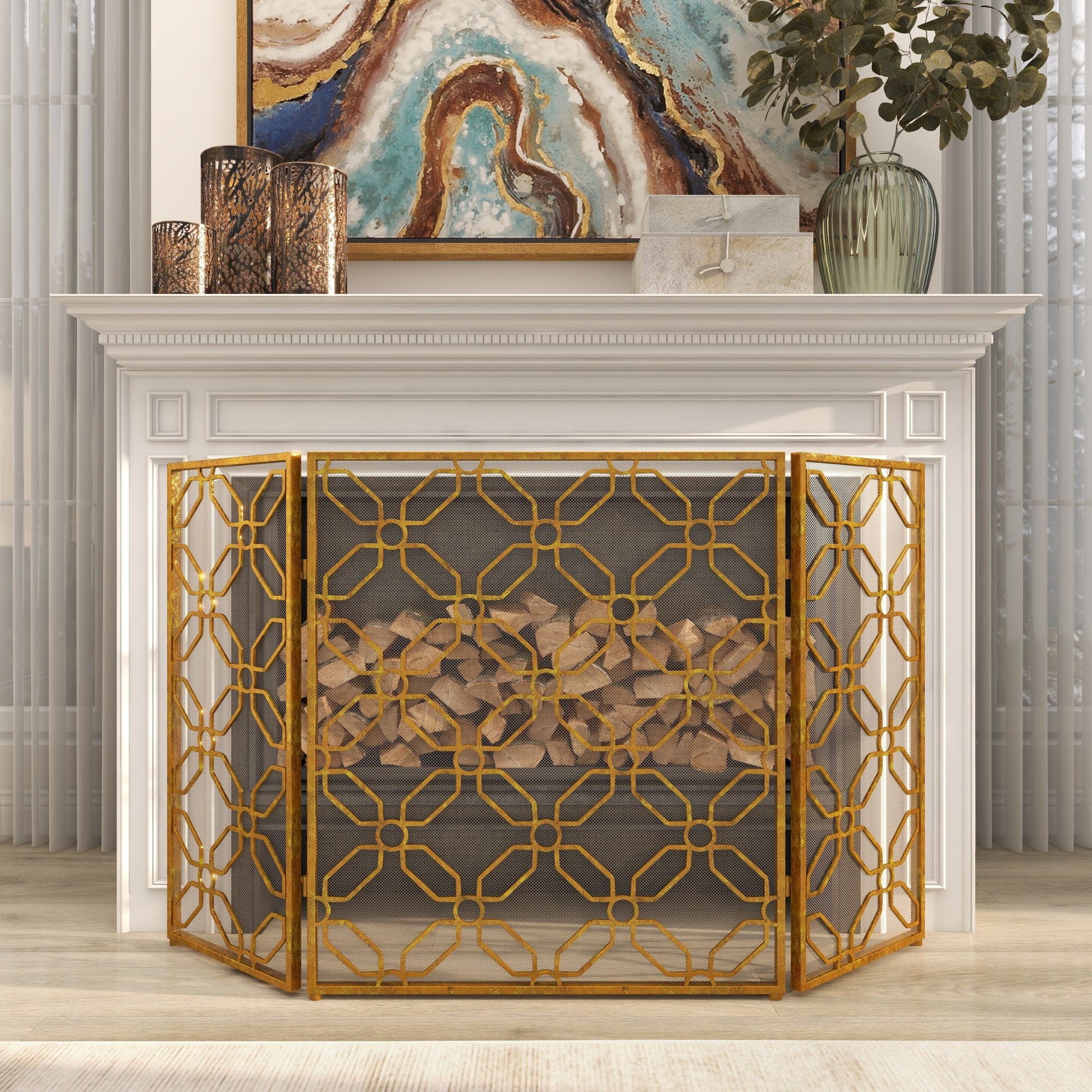 Geometric Gold Metal Foldable Mesh Netting 3 Panel Living Room Fireplace Screen