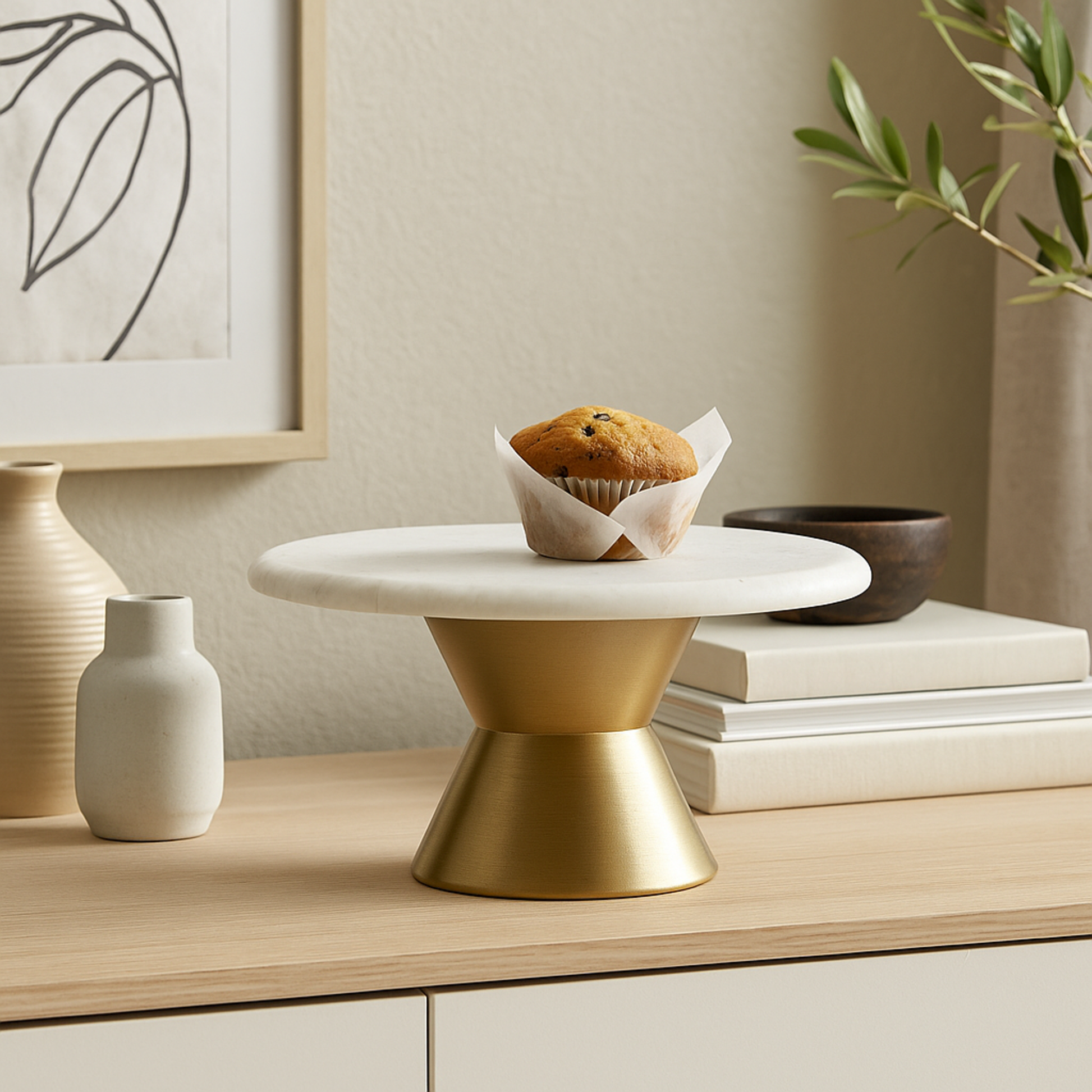 White Marble Decorative Cake Stand with Gold Base