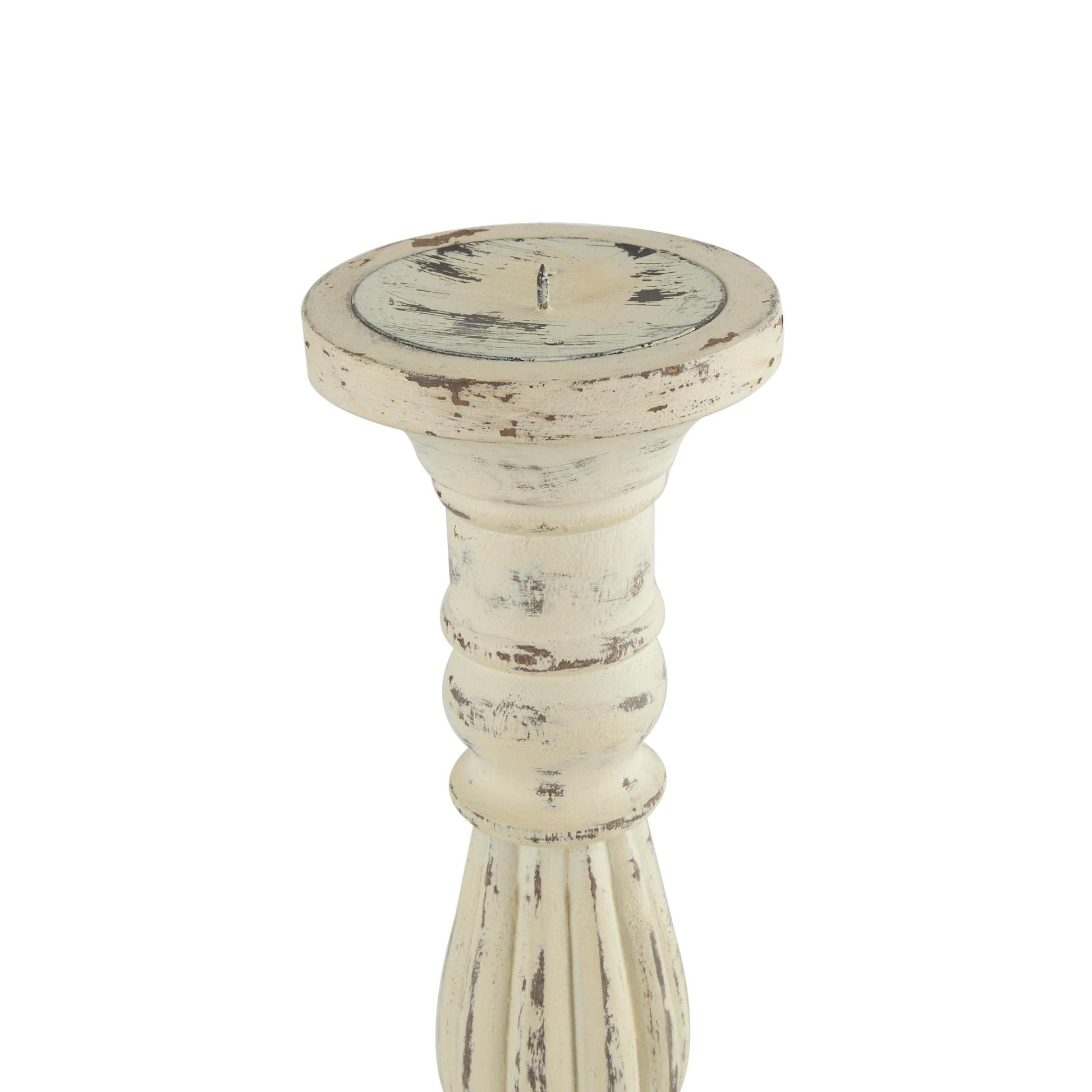 Set of 3 White Mango Wood Tall Distressed Turned Decorative Candle Holder
