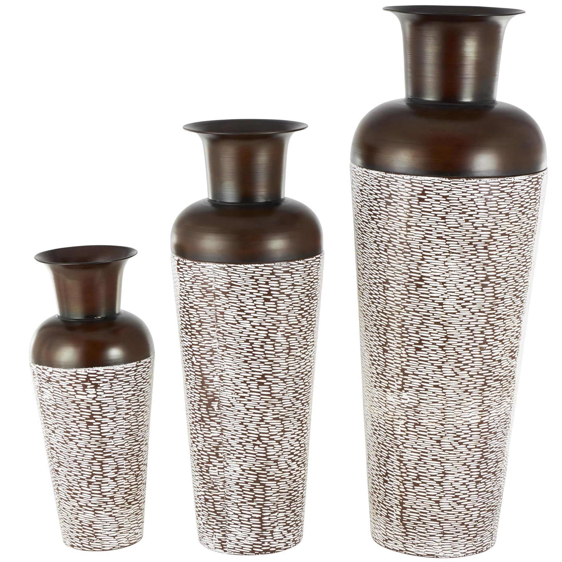 Set of 3 Metal Tall Tapered Floor Decorative Vase with Brown Trumpet Tops Set of 3 18", 39", 28"H