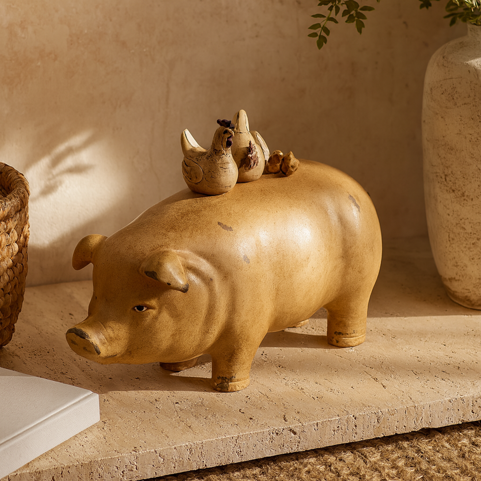 Pig Light Brown Resin Decorative Sculpture with Roosters and Chicks