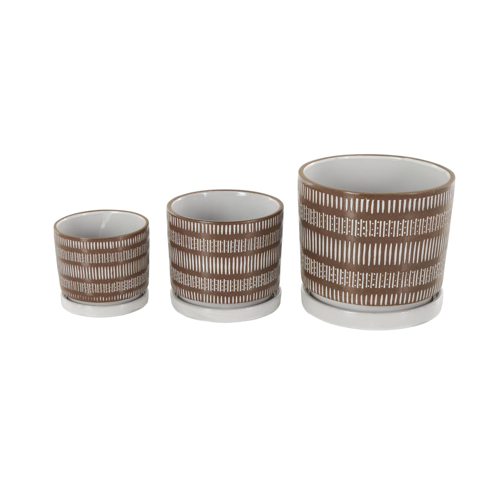 Set of 3 Brown Ceramic Polka Dot and Linear Patterned Indoor Outdoor Planter with White Accents and Base Tray
