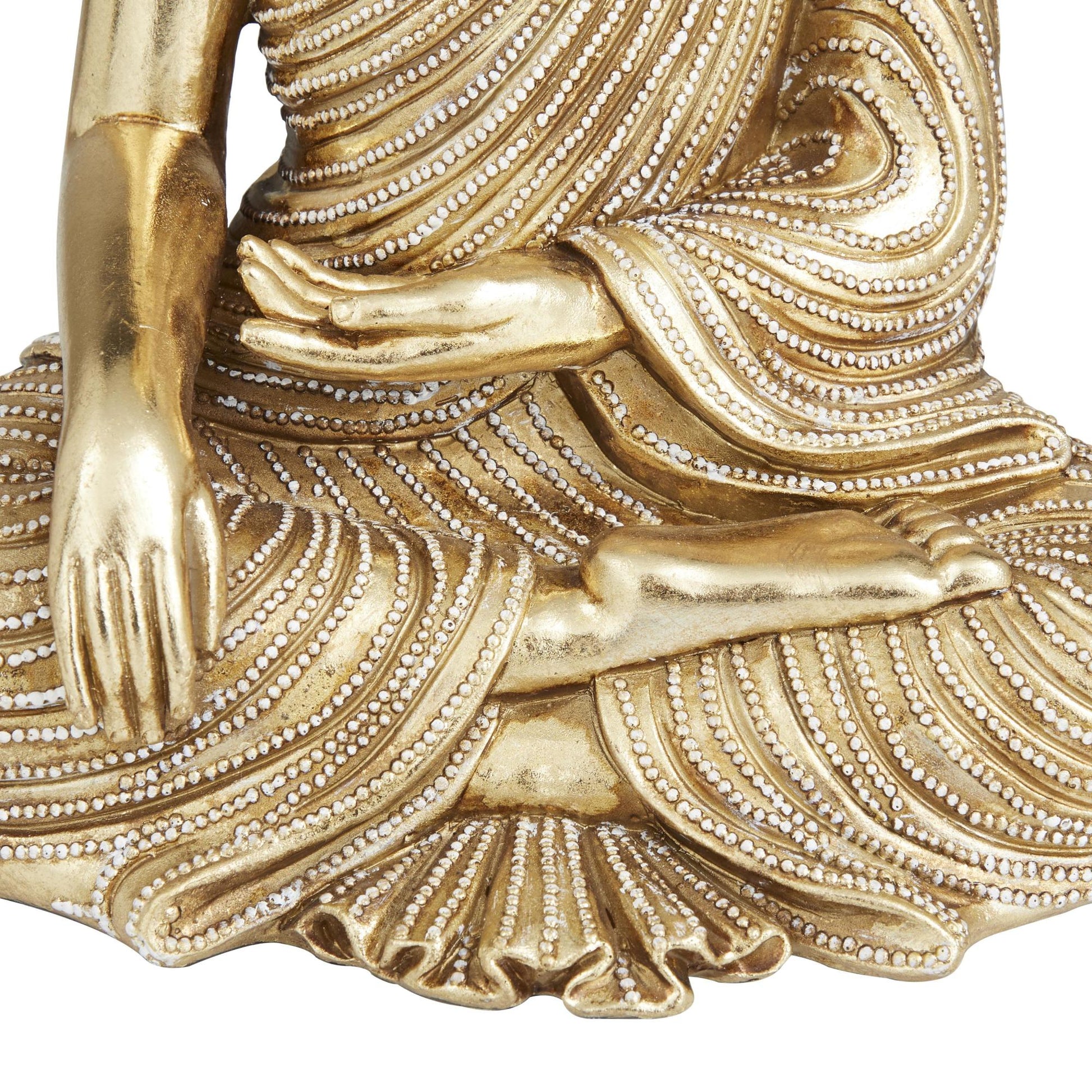 Buddha Gold Polystone Meditating Decorative Sculpture with Engraved Carvings and Relief Detailing