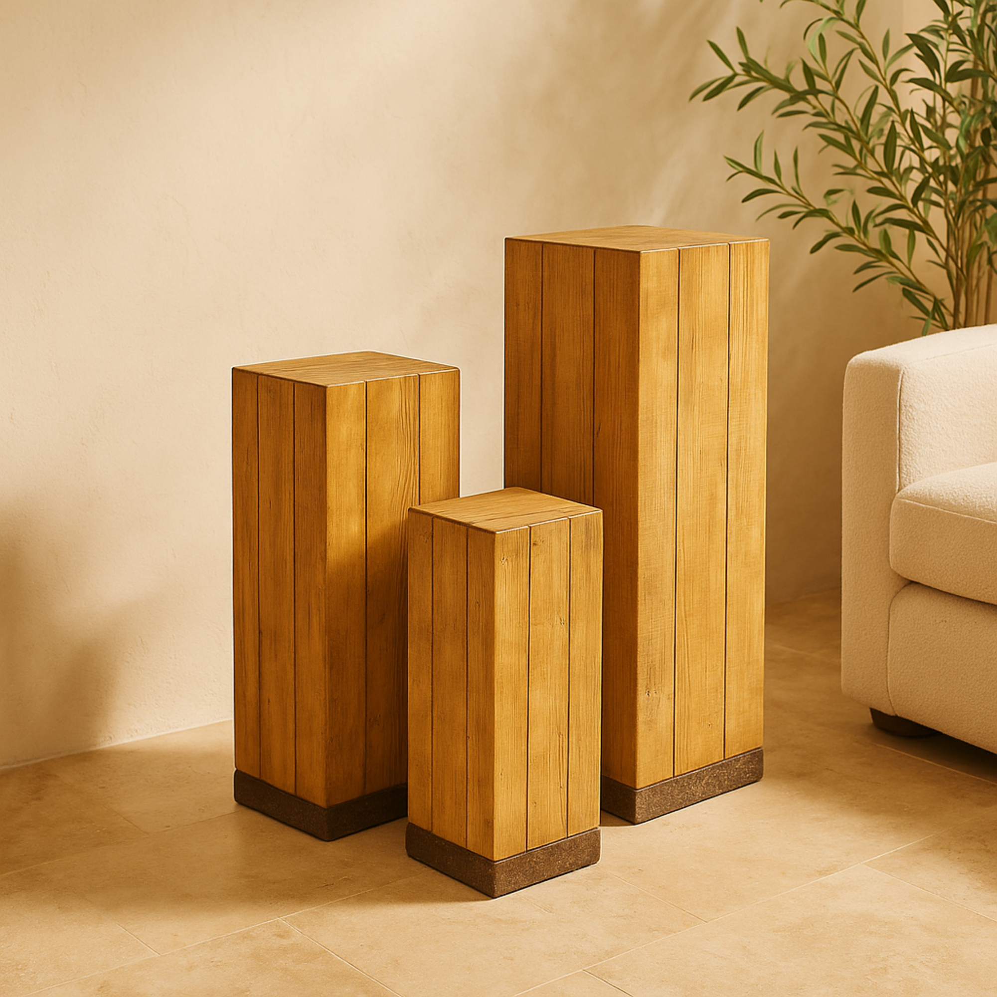 Set of 3 Brown Wood Side End Pedestal Table