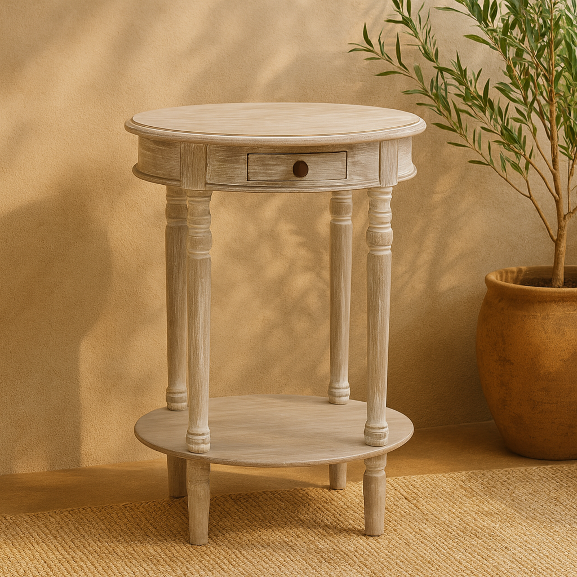 Light Brown Wood Whitewashed Oval 1 Drawer Side End Accent Table