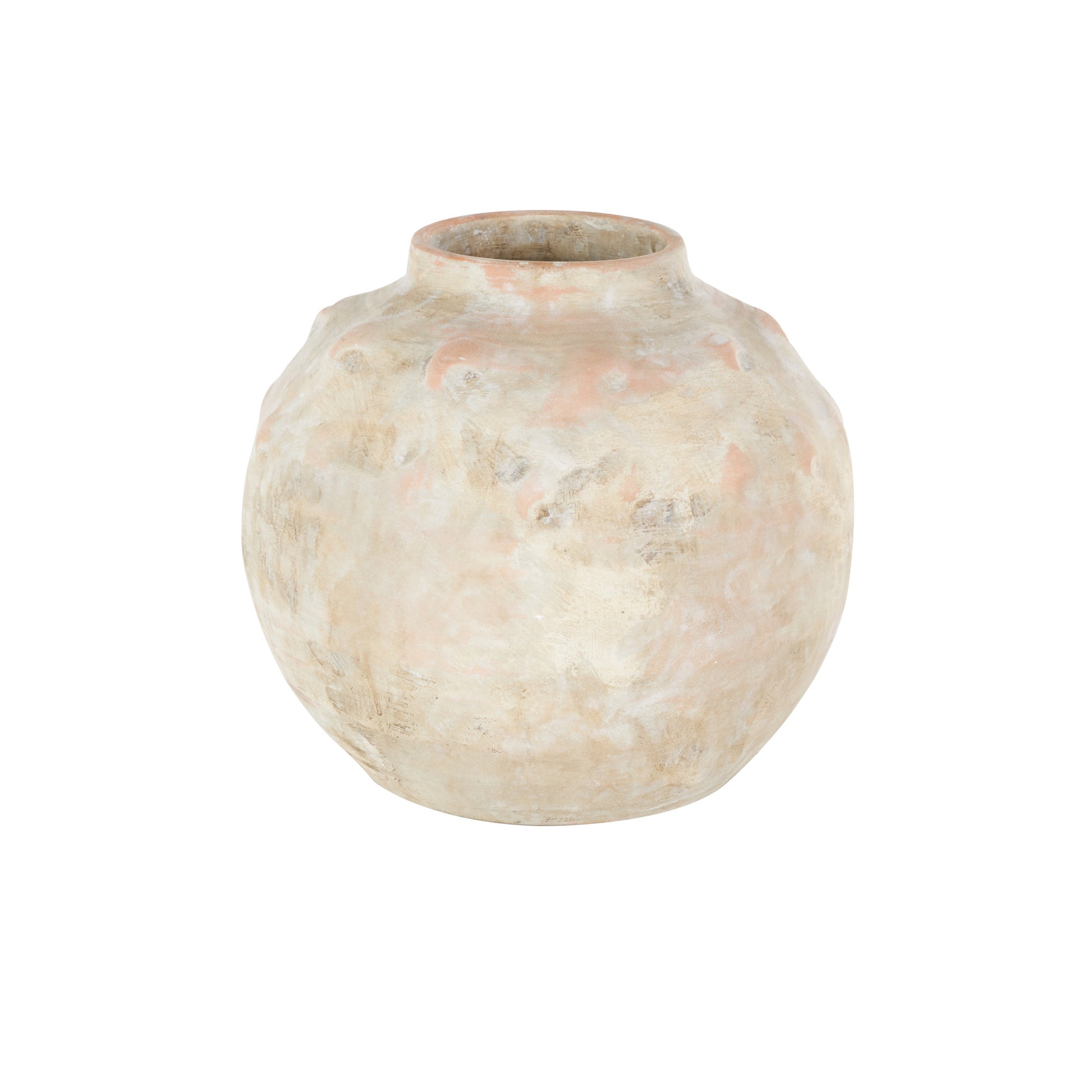 Beige Ceramic Antique Short Wide Decorative Vase with Shades of Pink