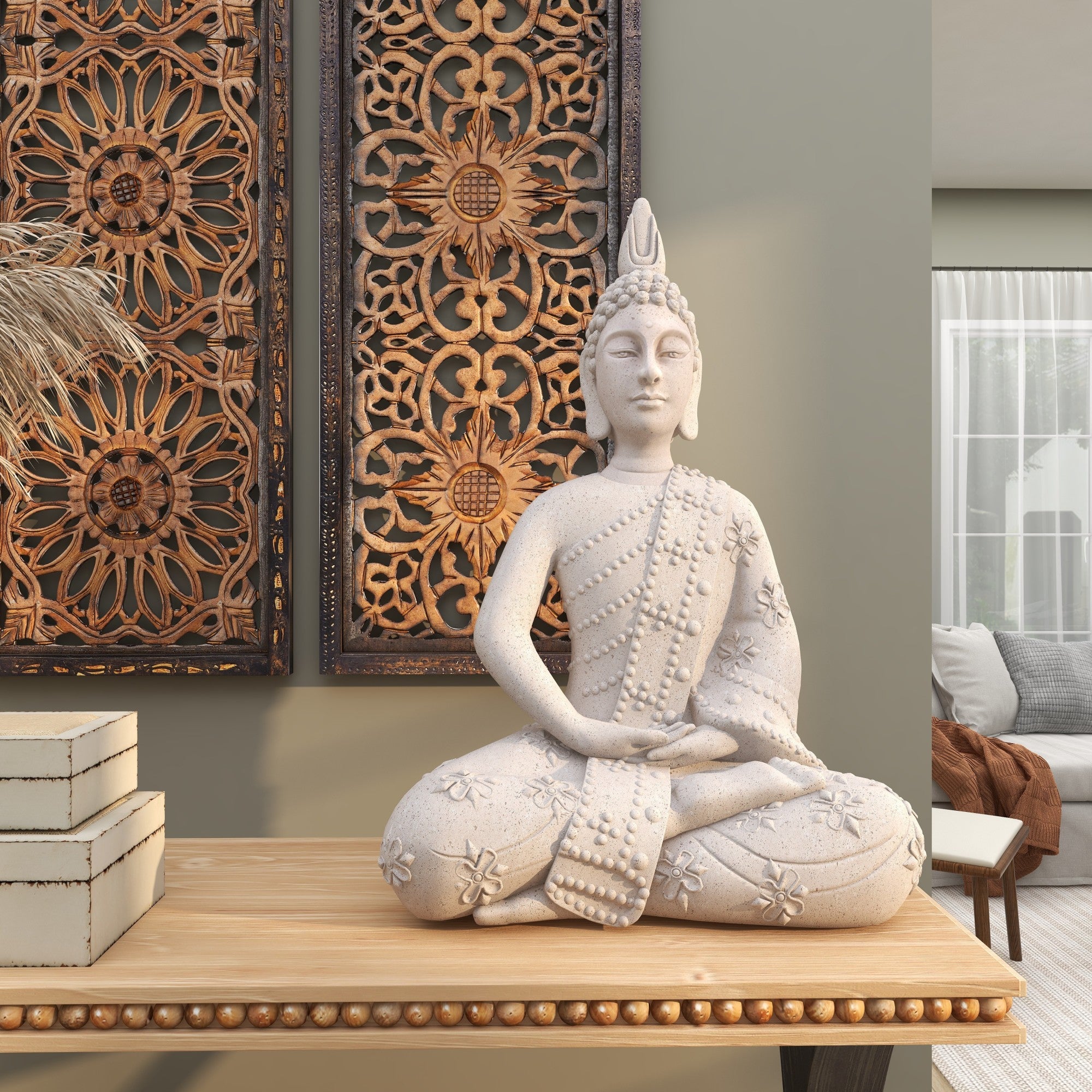 Buddha Gray Magnesium Oxide Indoor Outdoor Meditating Decorative Garden Sculpture with Floral Carvings