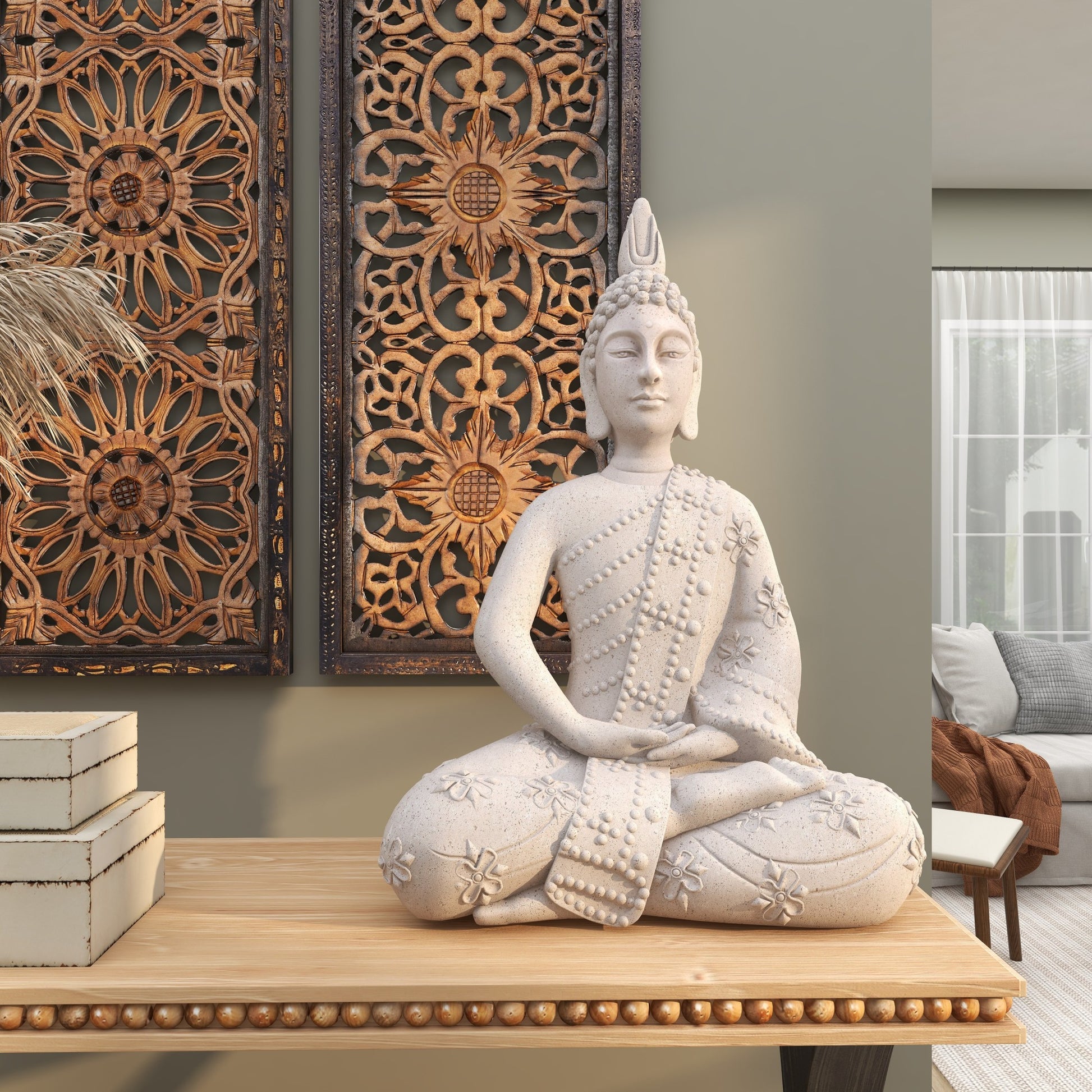Buddha Gray Magnesium Oxide Indoor Outdoor Meditating Decorative Garden Sculpture with Floral Carvings
