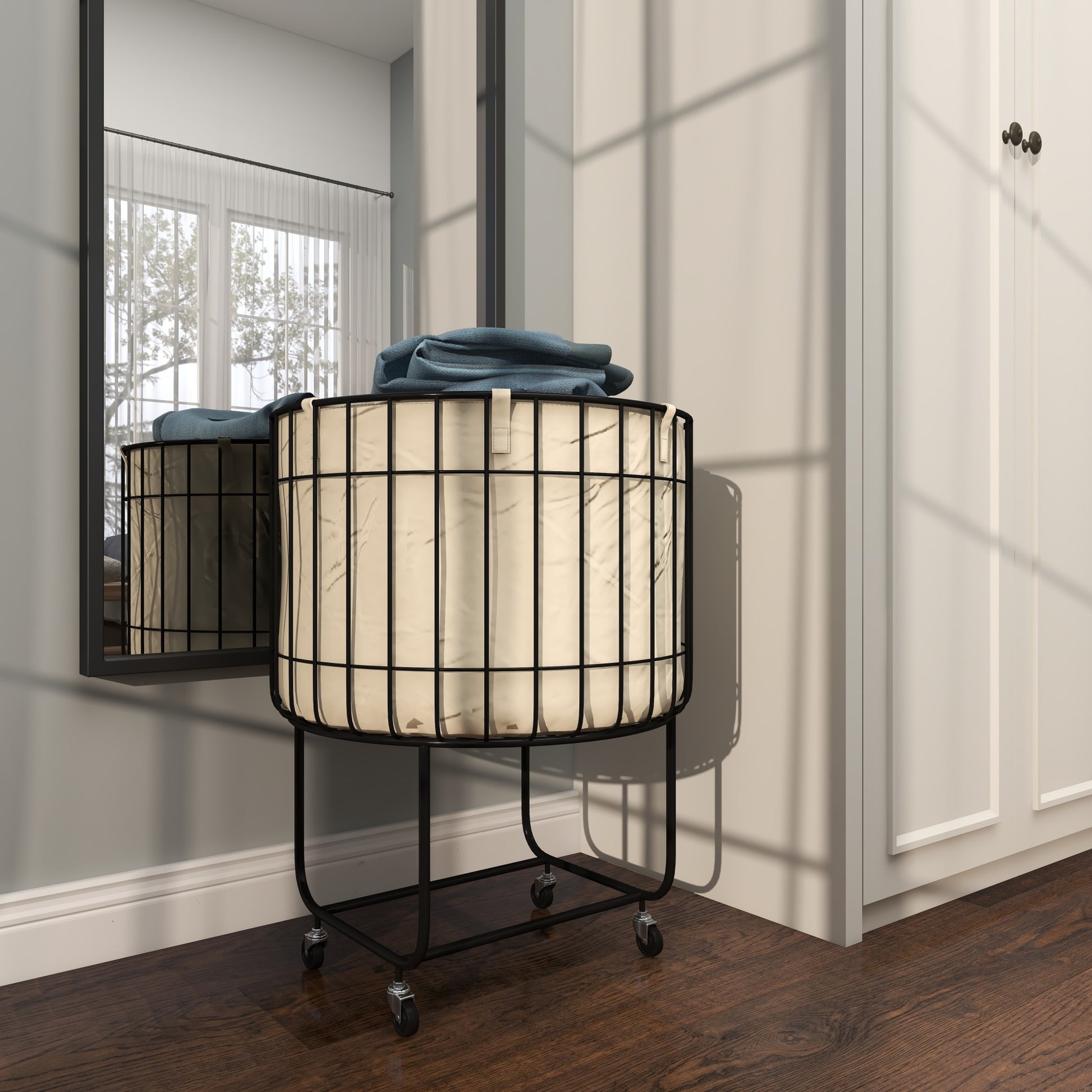 Black Metal Deep Set Wire Basket Mobile Storage Cart with Wheels