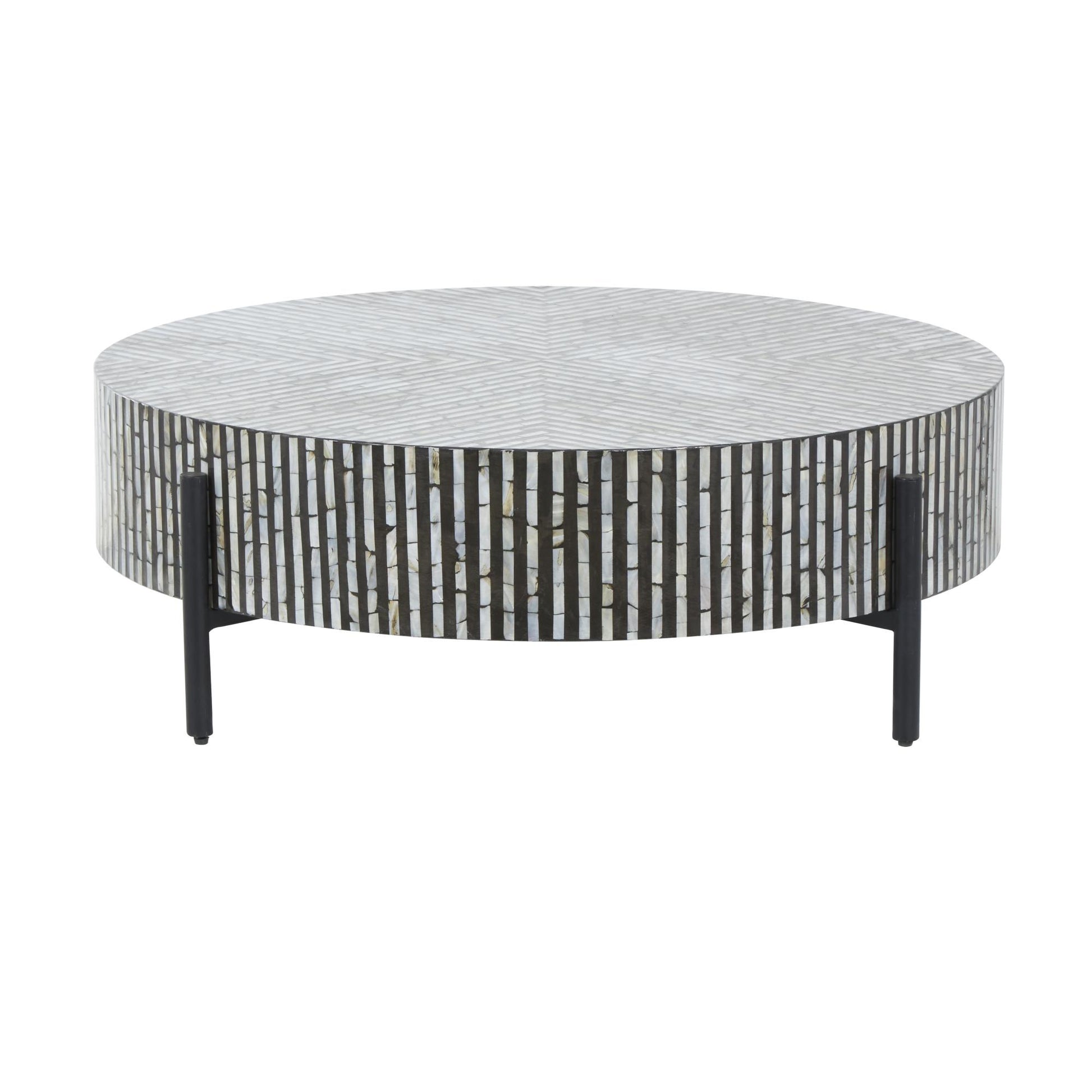 Geometric Mother of Pearl Shell Handmade Mosaic Inlay Living Room Coffee Table with Black Metal Legs 38" x 38" x 12"