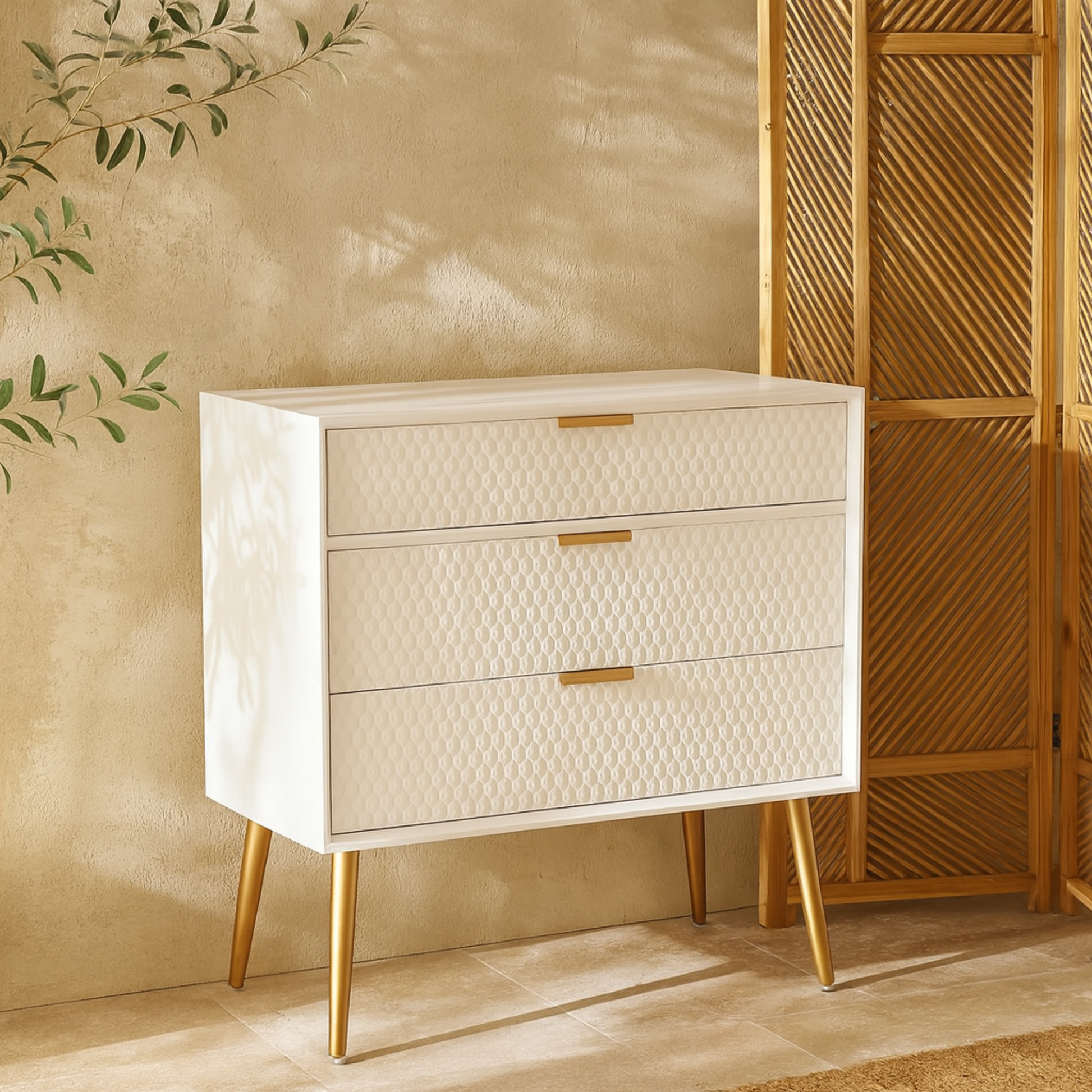 Geometric White Wooden 3 Drawer Room Chest with Gold Metal Legs