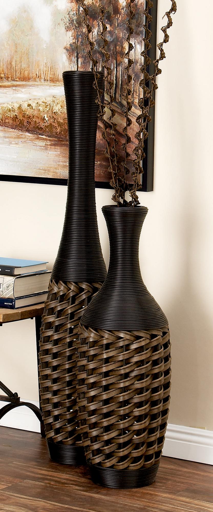 Brown Faux Seagrass Tall Woven Floor Decorative Vase with Dark Brown Wrapped Neck