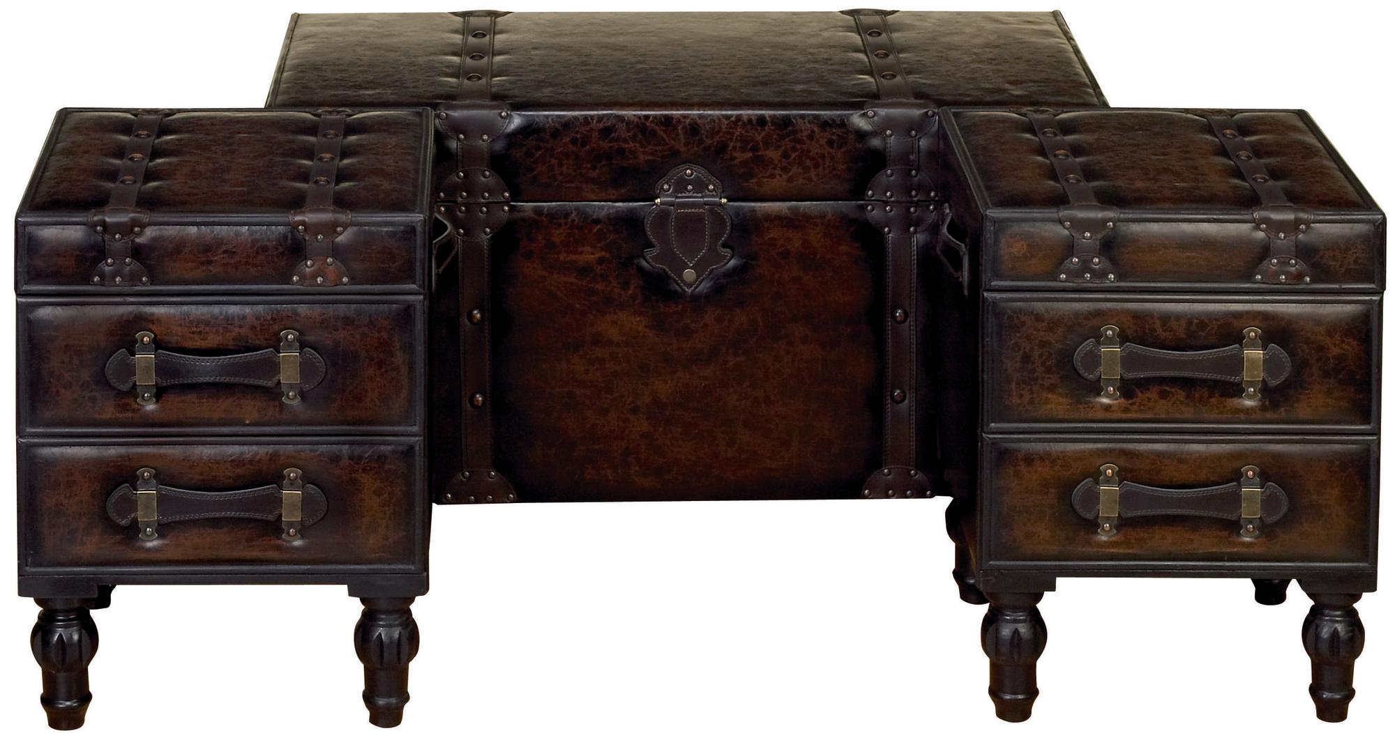 Set of 3 Brown Faux Leather Vintage 4 Drawer Room Storage Bench with Strap Handles and Turned Legs