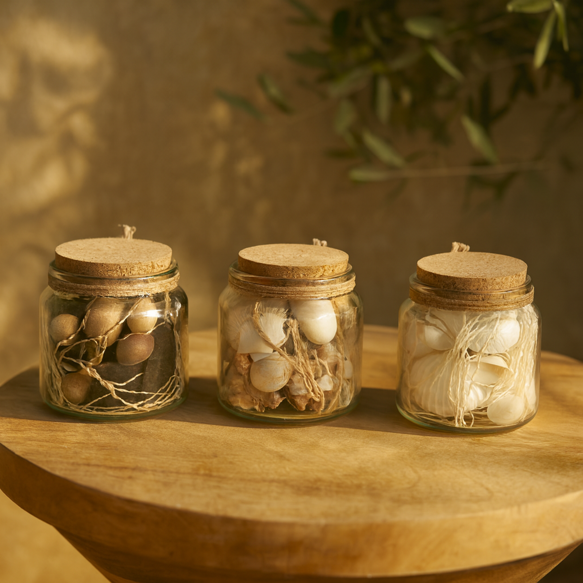 Set of 3 Clear Glass Decorative Orbs & Vase Filler with Seashells and Jute Rope Accents