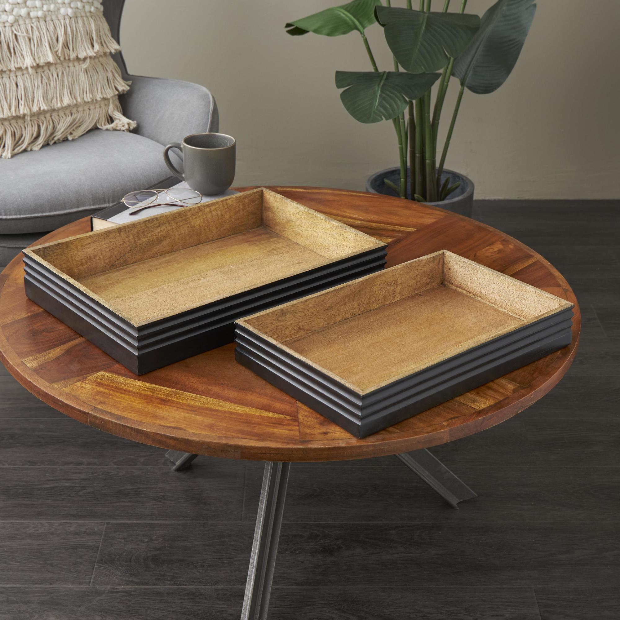 Set of 2 Brown Mango Wood Handmade Living Room Decor Tray with Black Groove Exterior
