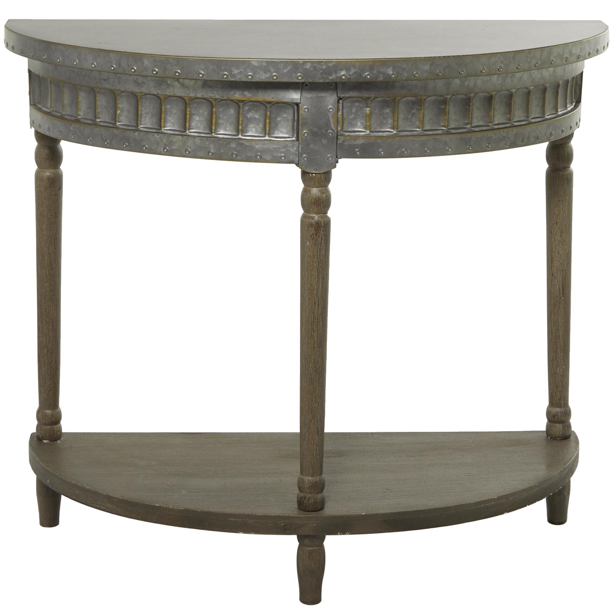 Gray Metal Medieval Inspired Half Moon Living Room Console Table with Turned Wooden Legs