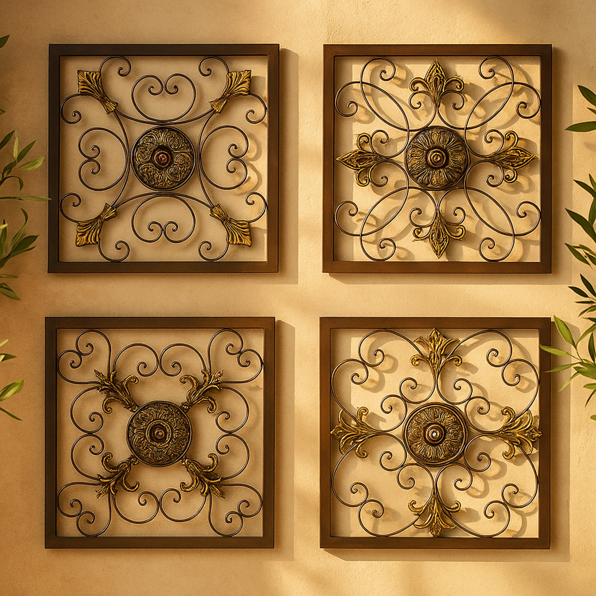 Set of 4 Fleur De Lis Brown Metal Wire Scroll Home Wall Decor with Gold Accents