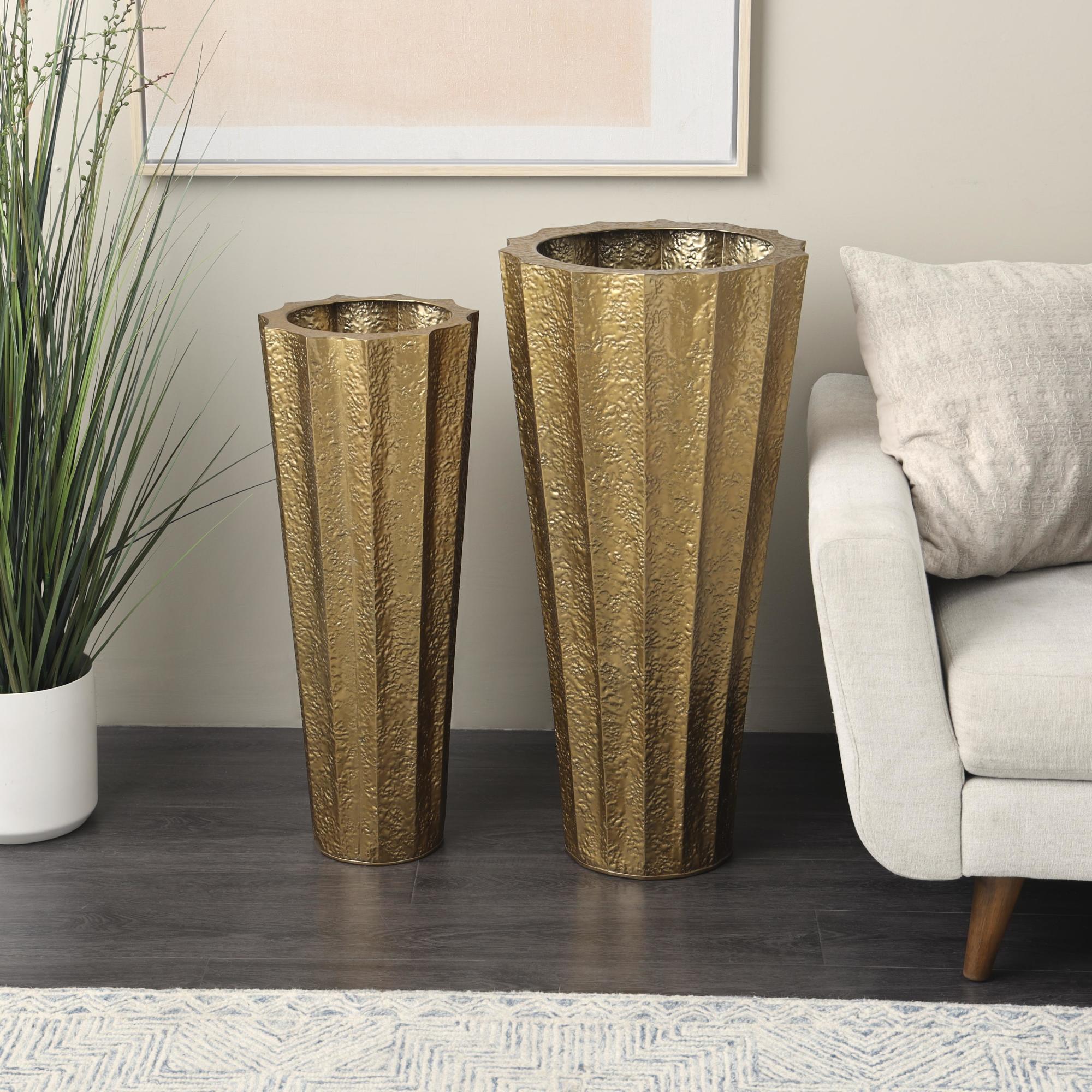 Set of 2 Gold Metal Tall Textured Hammered Floor Decorative Vase