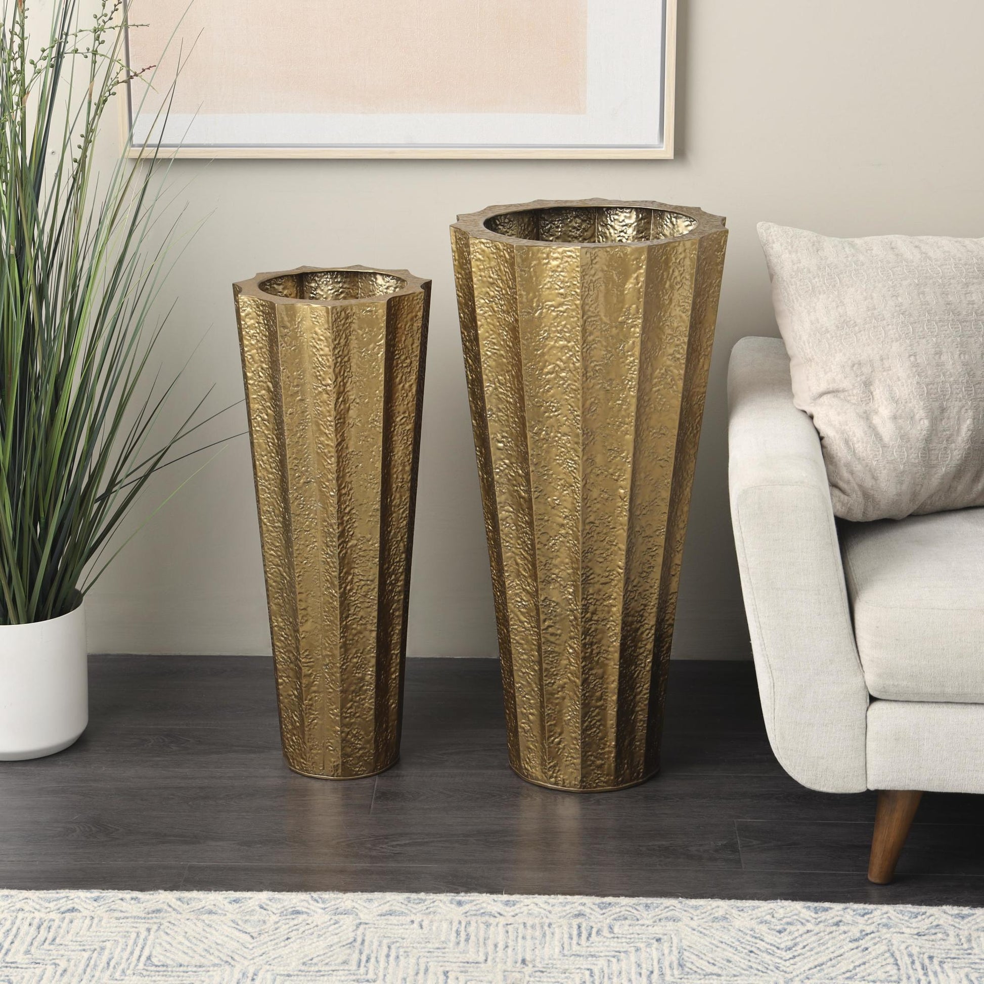 Set of 2 Gold Metal Tall Textured Hammered Floor Decorative Vase
