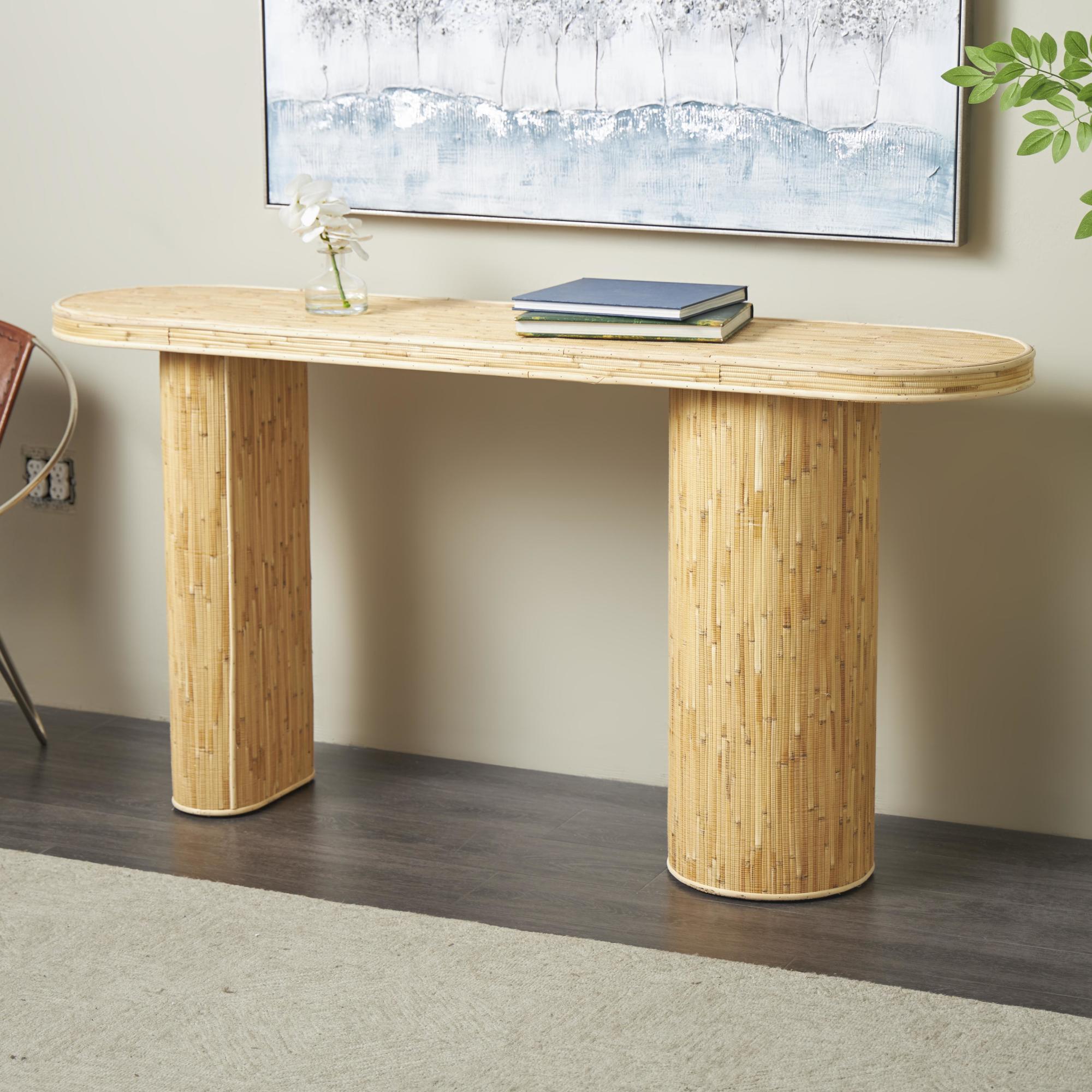 Brown Rattan Handmade Textured Oval Living Room Console Table with Linear Wood Strip Design