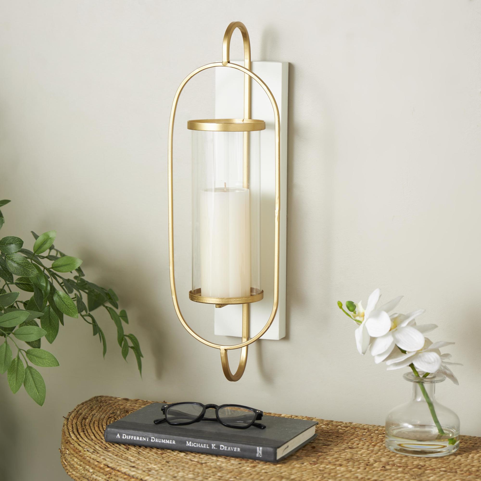 Gold Metal Oval Indoor Outdoor Wall Sconce with White Wood Backing
