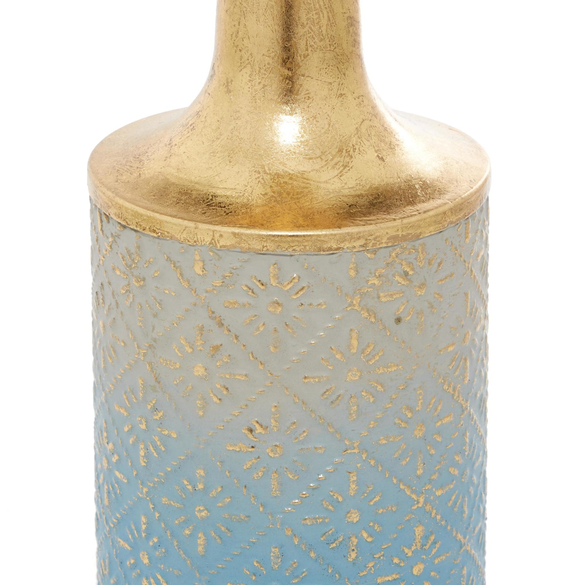 Set of 3 Floral Blue Metal Decorative Vase with Gold Top