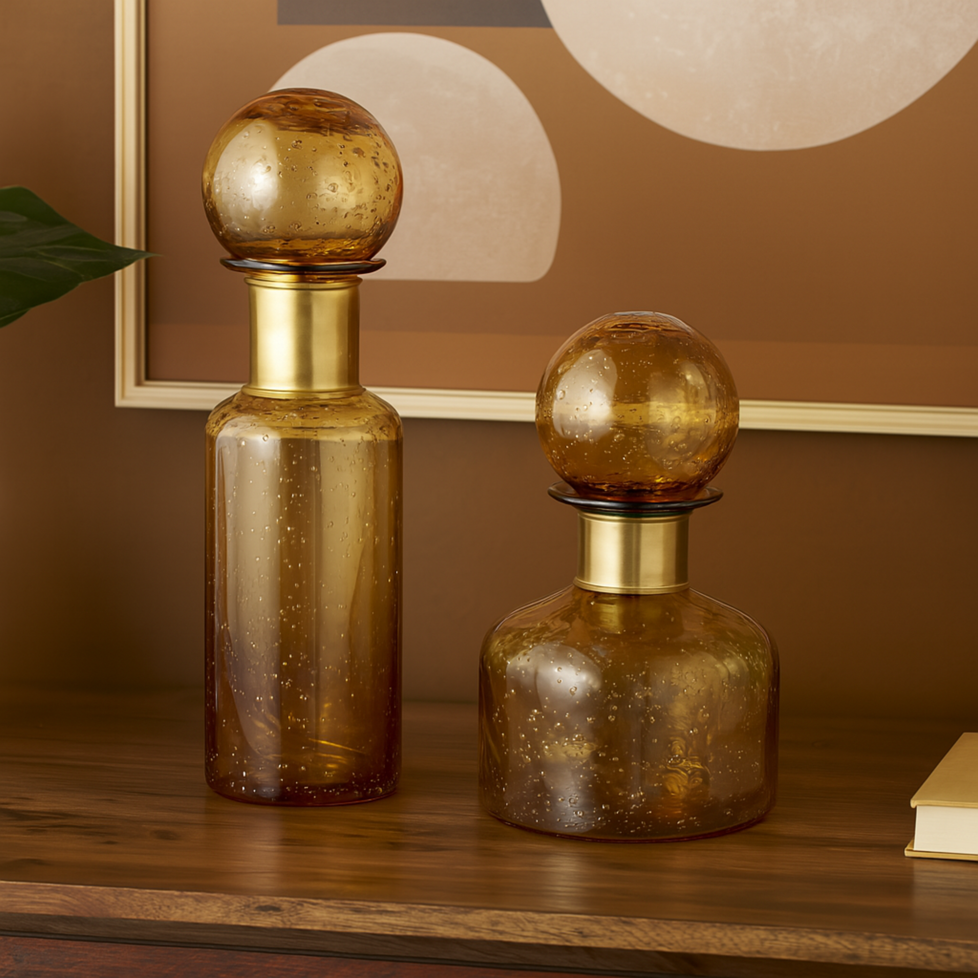 Set of 2 Yellow Glass Speckled Ombre Living Room Decorative Jars with Round Orb Tops
