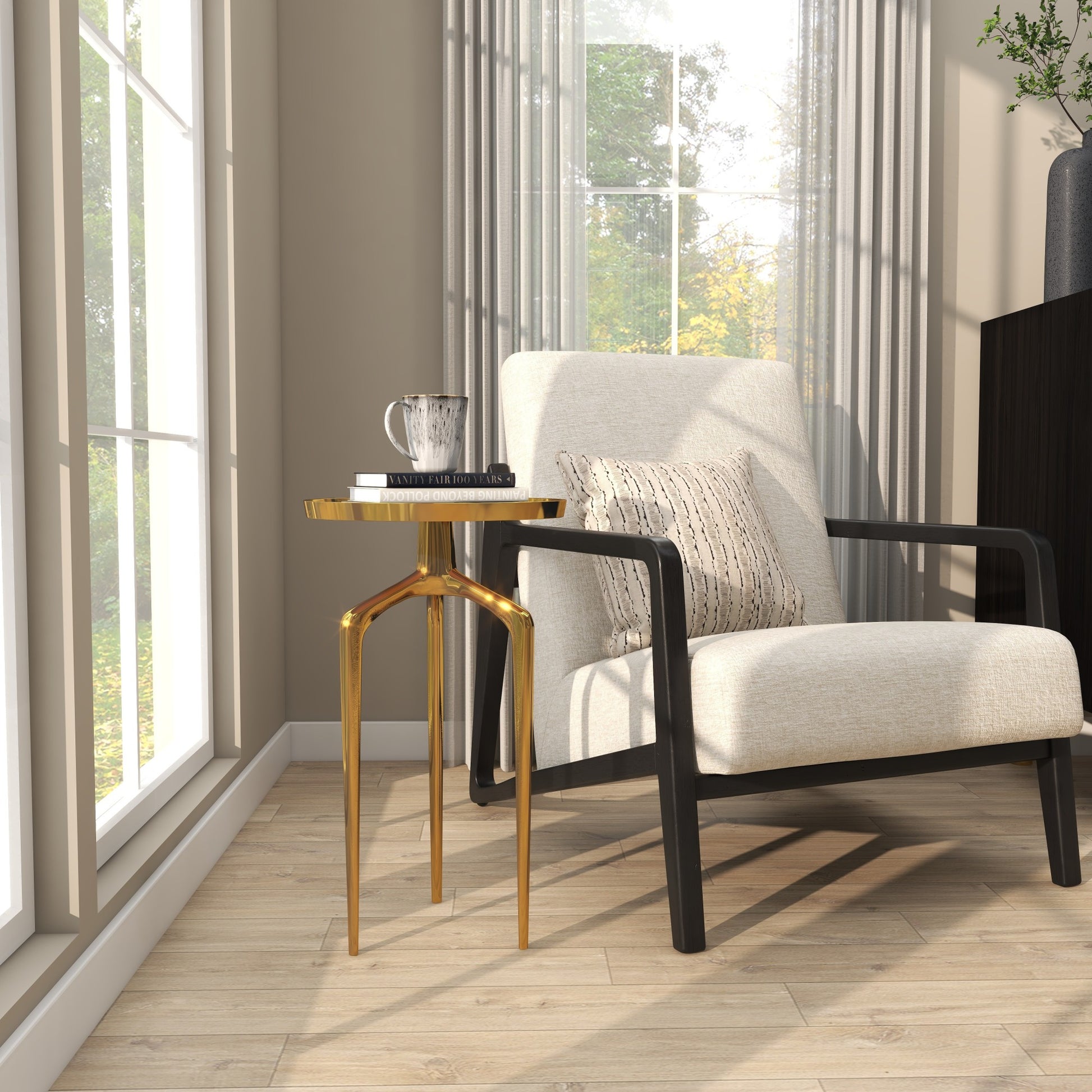 Aluminum Metal Tray Inspired Top Side End Accent Table with 3 Tripod Legs