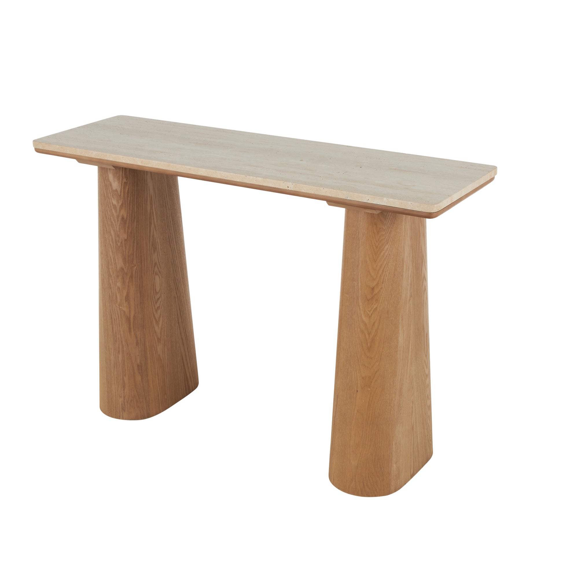 Brown Wood Rectangular Living Room Console Table with Rectangle Beige Marble Tabletop