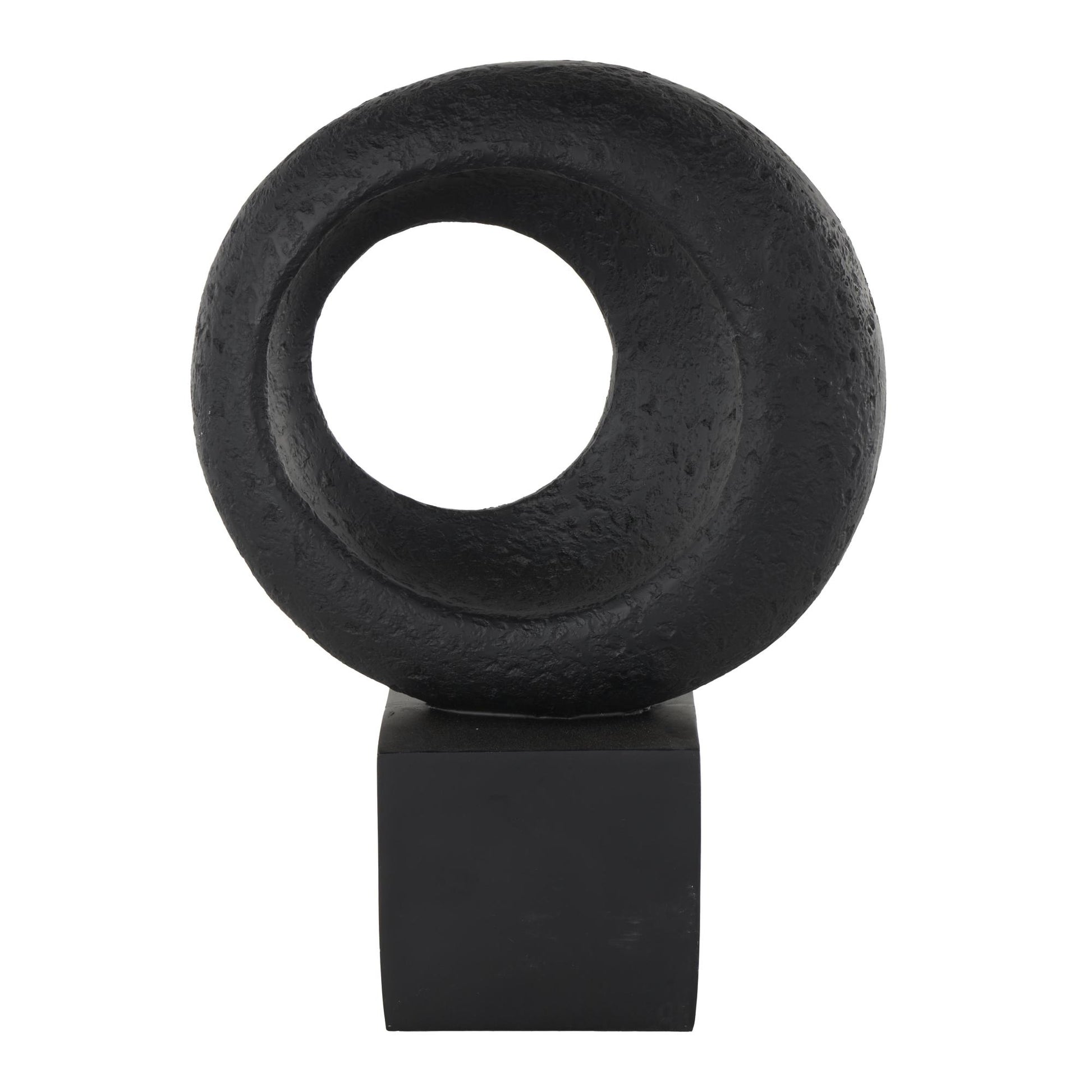 Geometric Black Polystone Textured Cutout Ring Decorative Sculpture with Block Base
