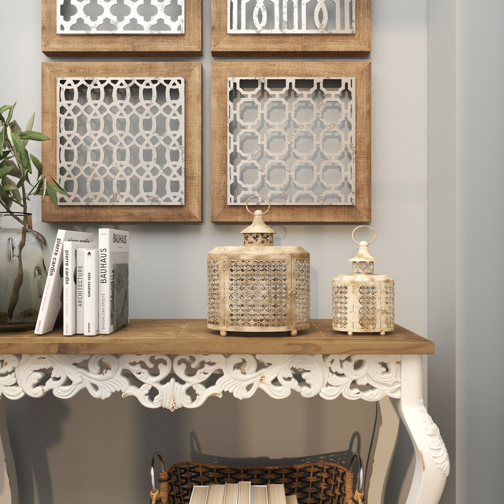 Set of 2 Floral Beige Metal Antique Distressed Oval Cutout Indoor Outdoor Candle Lantern