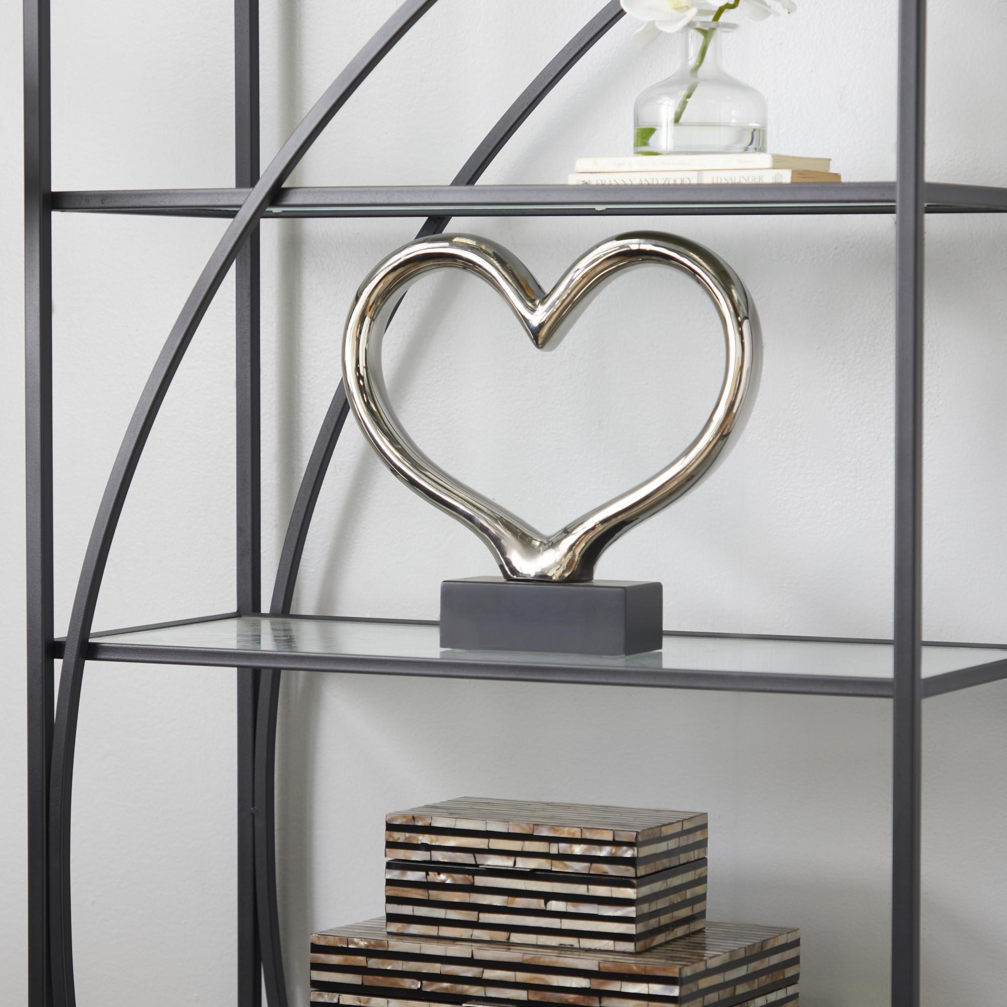 Heart Silver Ceramic Decorative Sculpture with Black Base