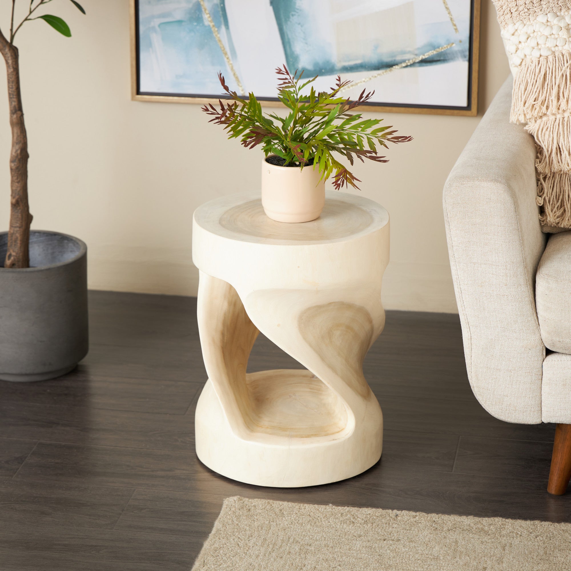 Cream Wood Living Room Stool with Spiral Base