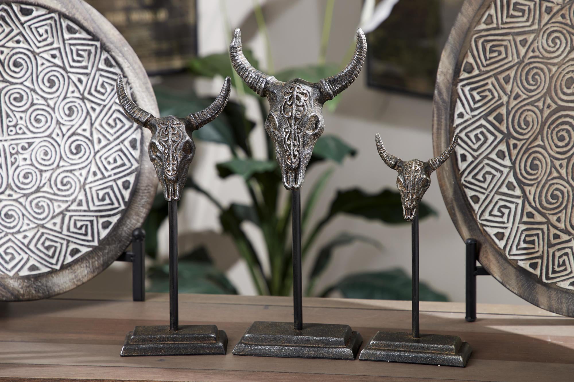 Set of 3 Bull Gray Metal Head Decorative Sculpture